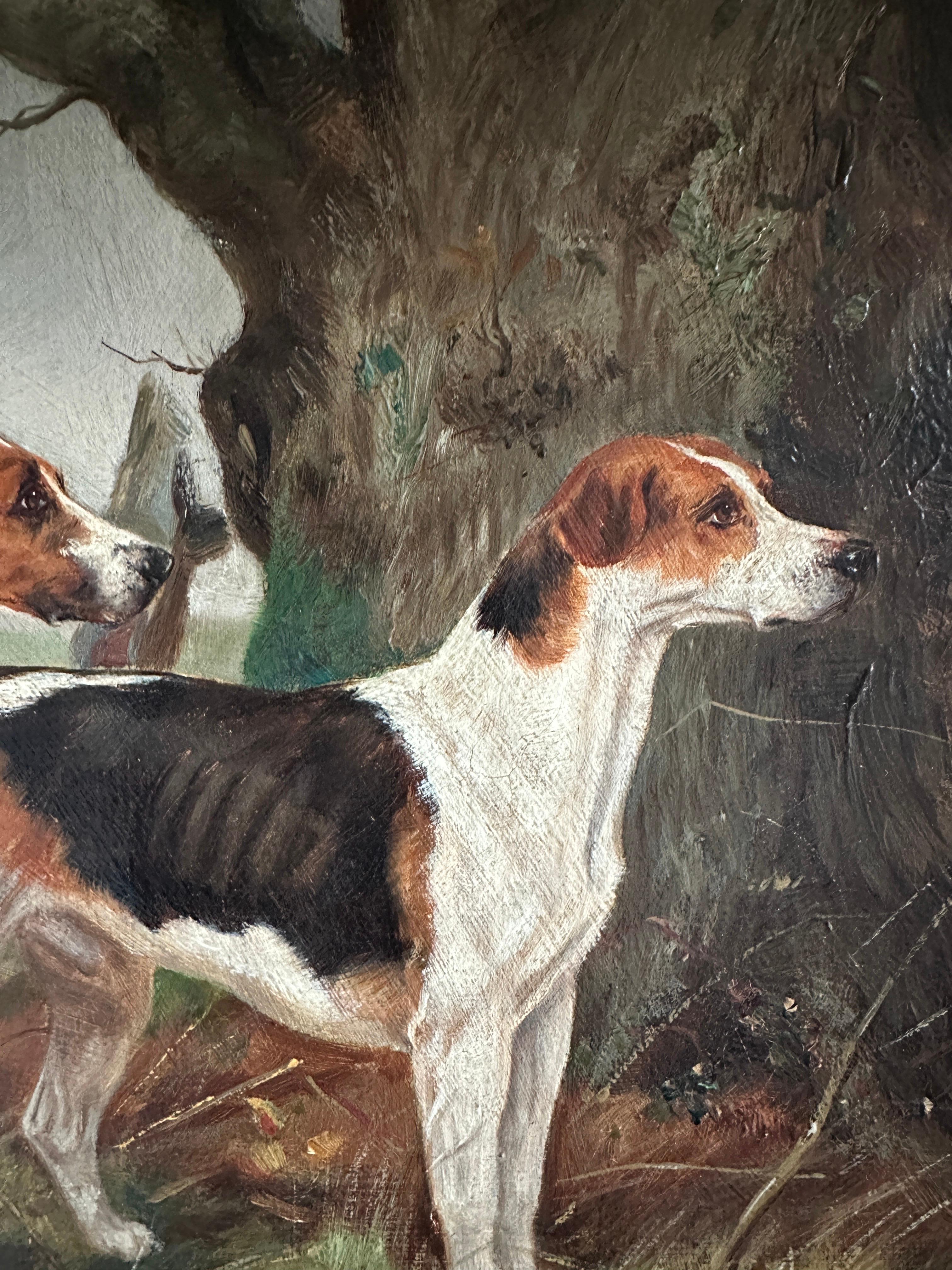 Deux chiens de chasse du Warwickshire, nommés Hermit et Wildboy, debout dans un paysage.
Signé et daté 1889 (en bas à droite) et signé, inscrit et daté au revers.
Huile sur toile dans un cadre en bois doré

Dimensions : 26.5 × 38cm (10¼× 14¾ in.)