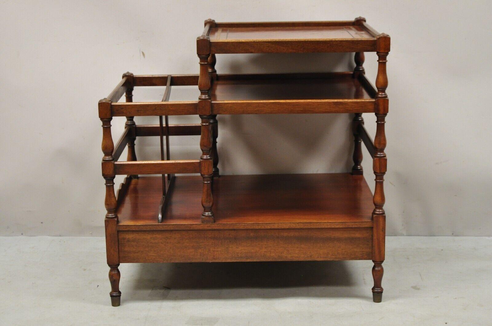 Henry Fuldner & Sons mahogany leather top side end table Canterbury magazine rack. Item features a unique Canterbury magazine rack side, brown tooled leather top, 3 tiers, solid wood construction, original stamp, 1 dovetailed drawer, quality