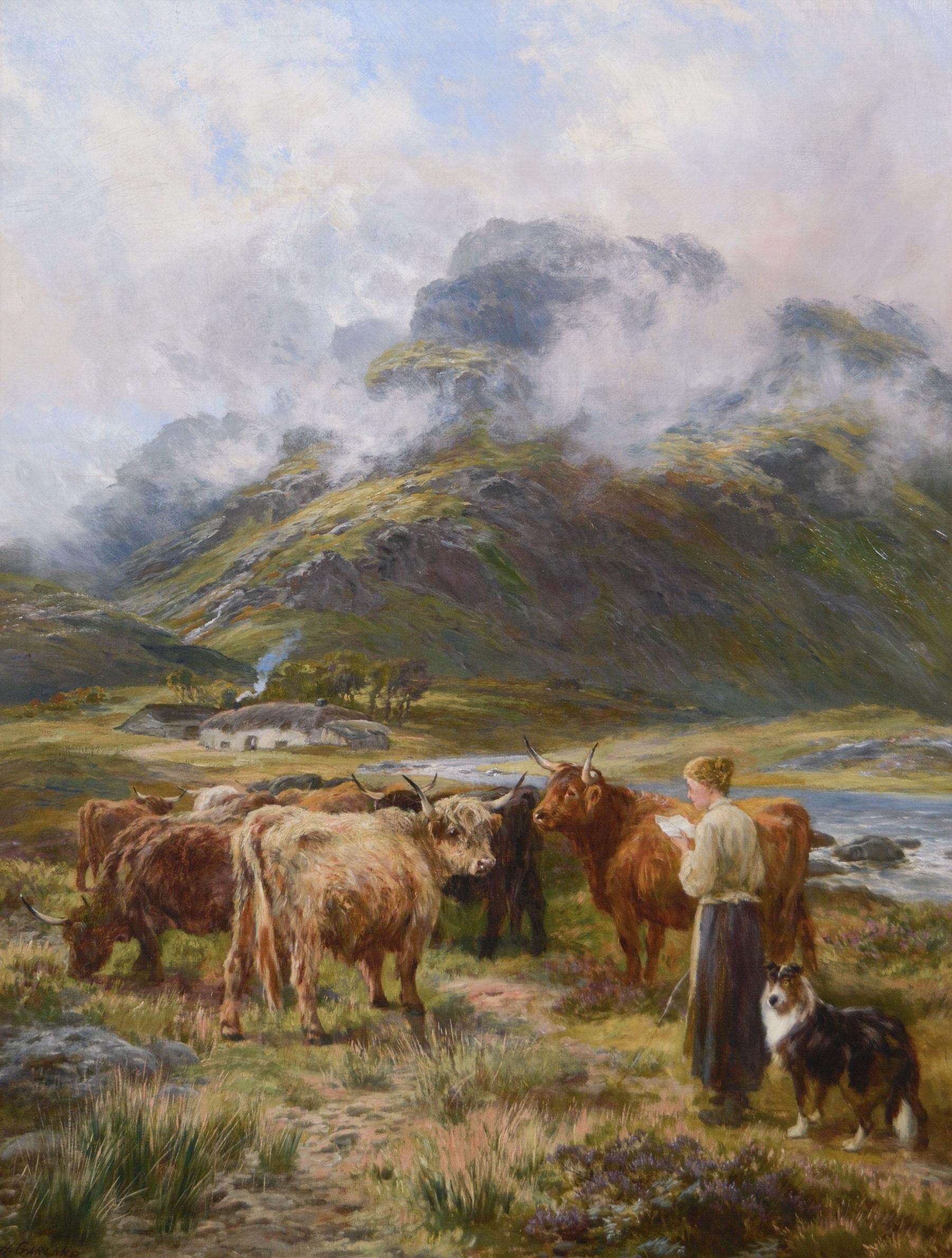 19th Century Scottish landscape oil painting of a figure with Highland Cattle - Painting by Henry Garland