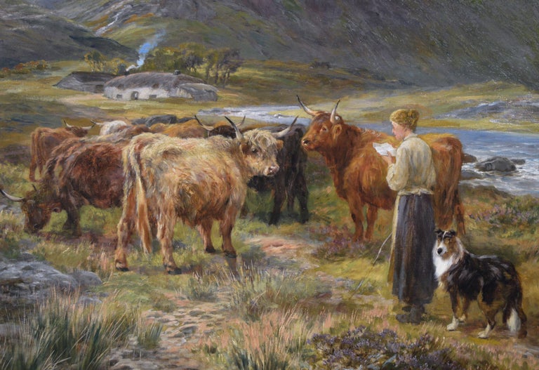 19th Century Scottish landscape oil painting of a figure with Highland Cattle - Victorian Painting by Henry Garland