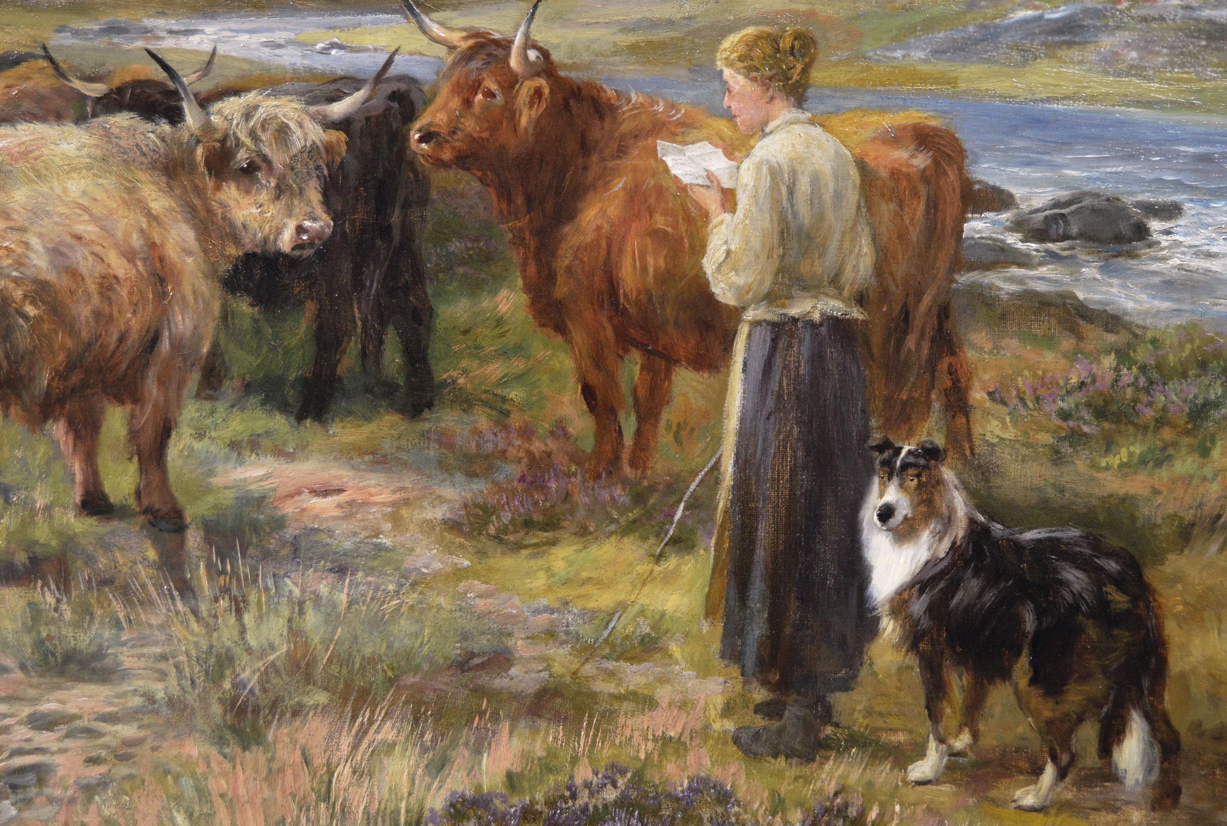 Peinture à l'huile écossaise du 19e siècle représentant un personnage avec du bétail des Highlands - Marron Animal Painting par Henry Garland