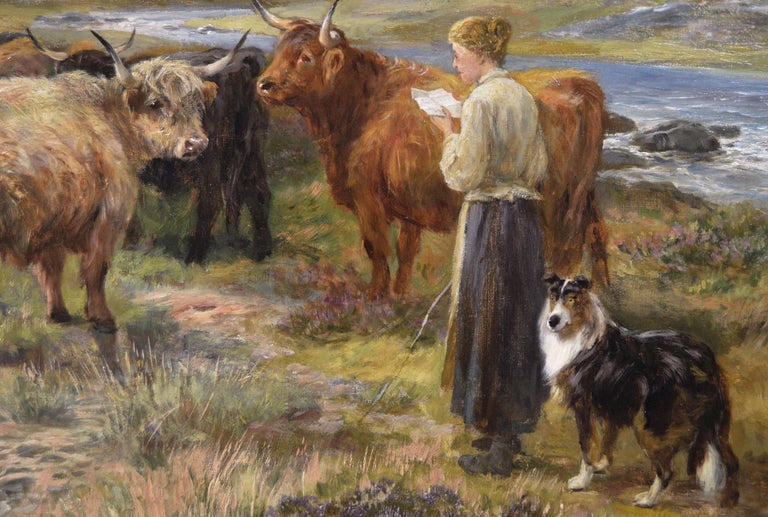 19th Century Scottish landscape oil painting of a figure with Highland Cattle - Brown Landscape Painting by Henry Garland