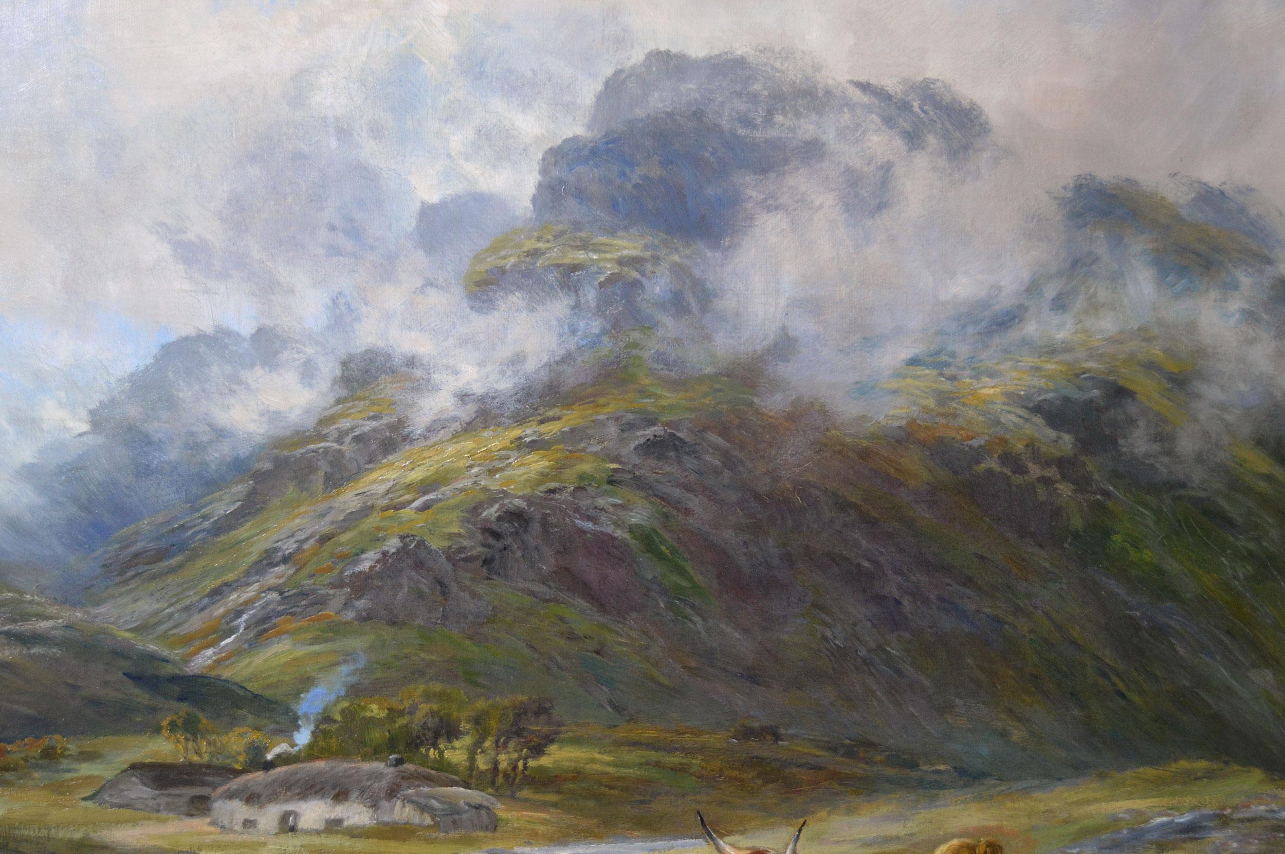 Peinture à l'huile écossaise du 19e siècle représentant un personnage avec du bétail des Highlands en vente 1