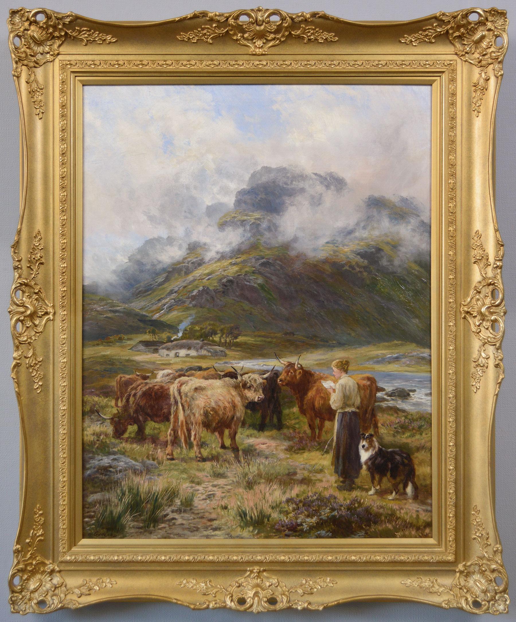 19th Century Scottish landscape oil painting of a figure with Highland Cattle