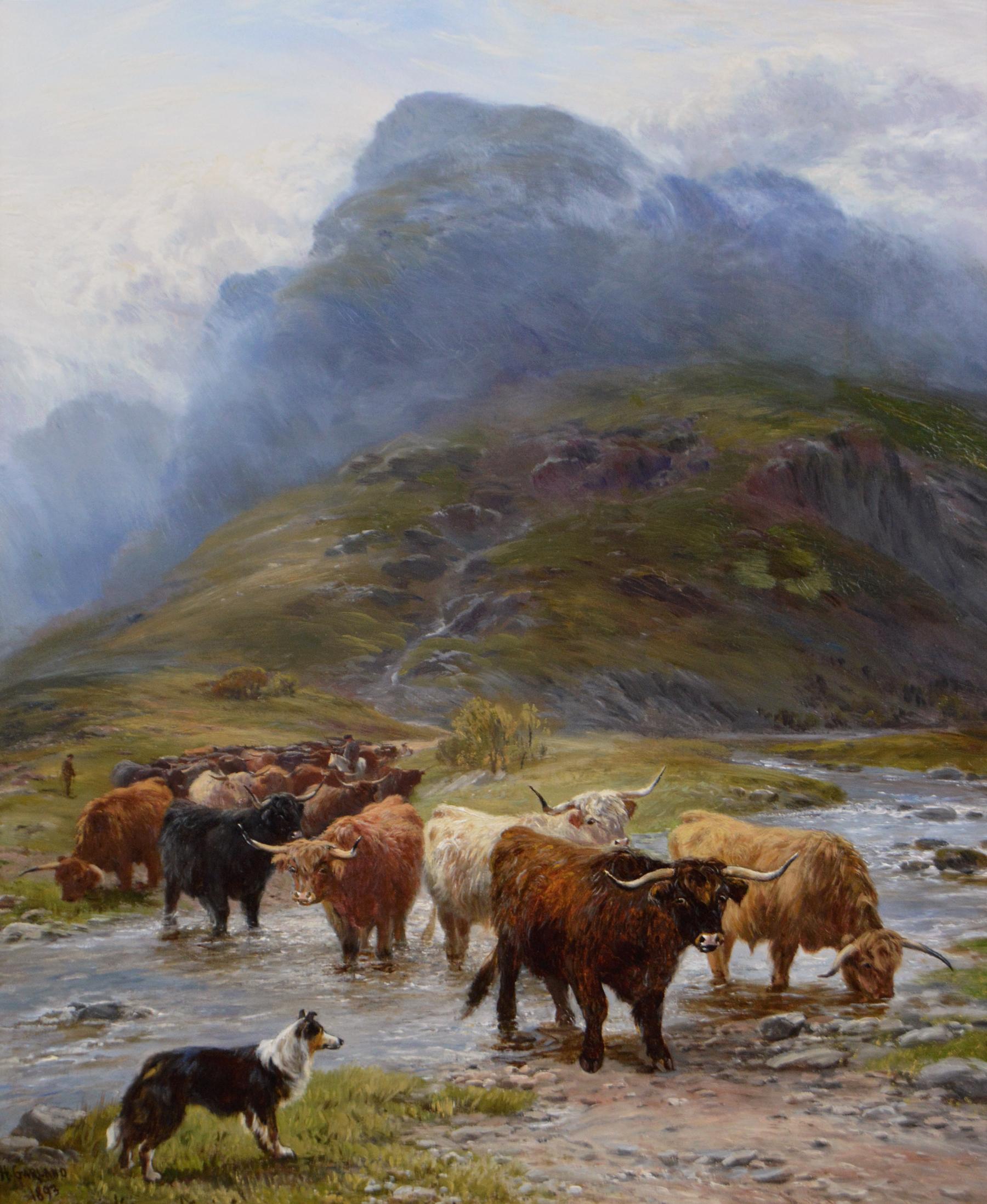 peinture à l'huile de paysage écossais du 19ème siècle représentant des bovins Highland traversant un gué - Painting de Henry Garland