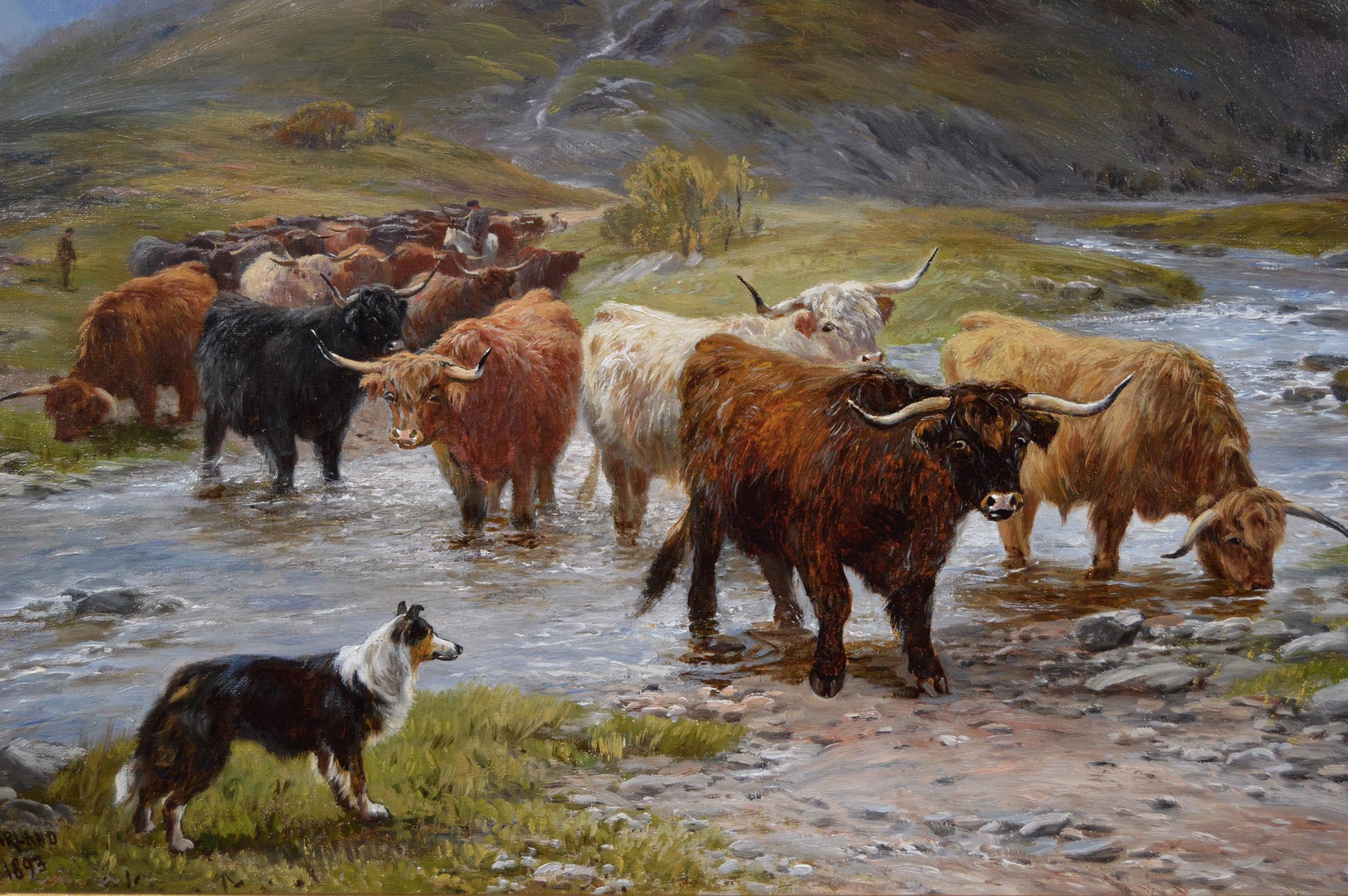 peinture à l'huile de paysage écossais du 19ème siècle représentant des bovins Highland traversant un gué - Victorien Painting par Henry Garland