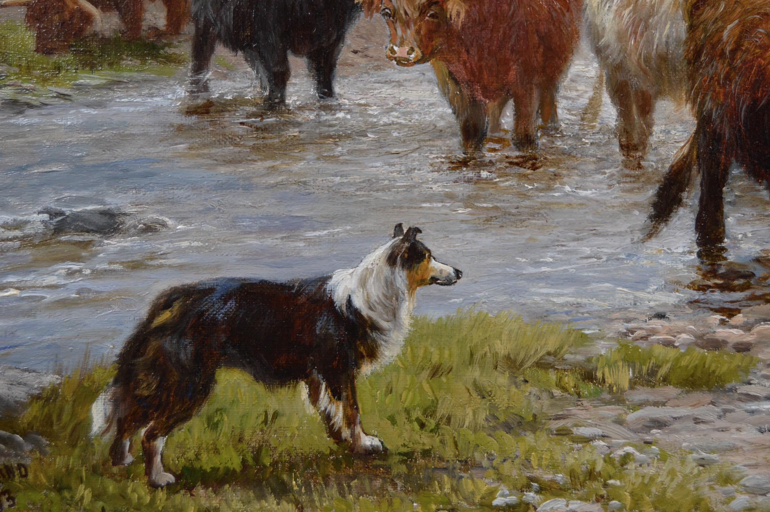peinture à l'huile de paysage écossais du 19ème siècle représentant des bovins Highland traversant un gué - Marron Animal Painting par Henry Garland