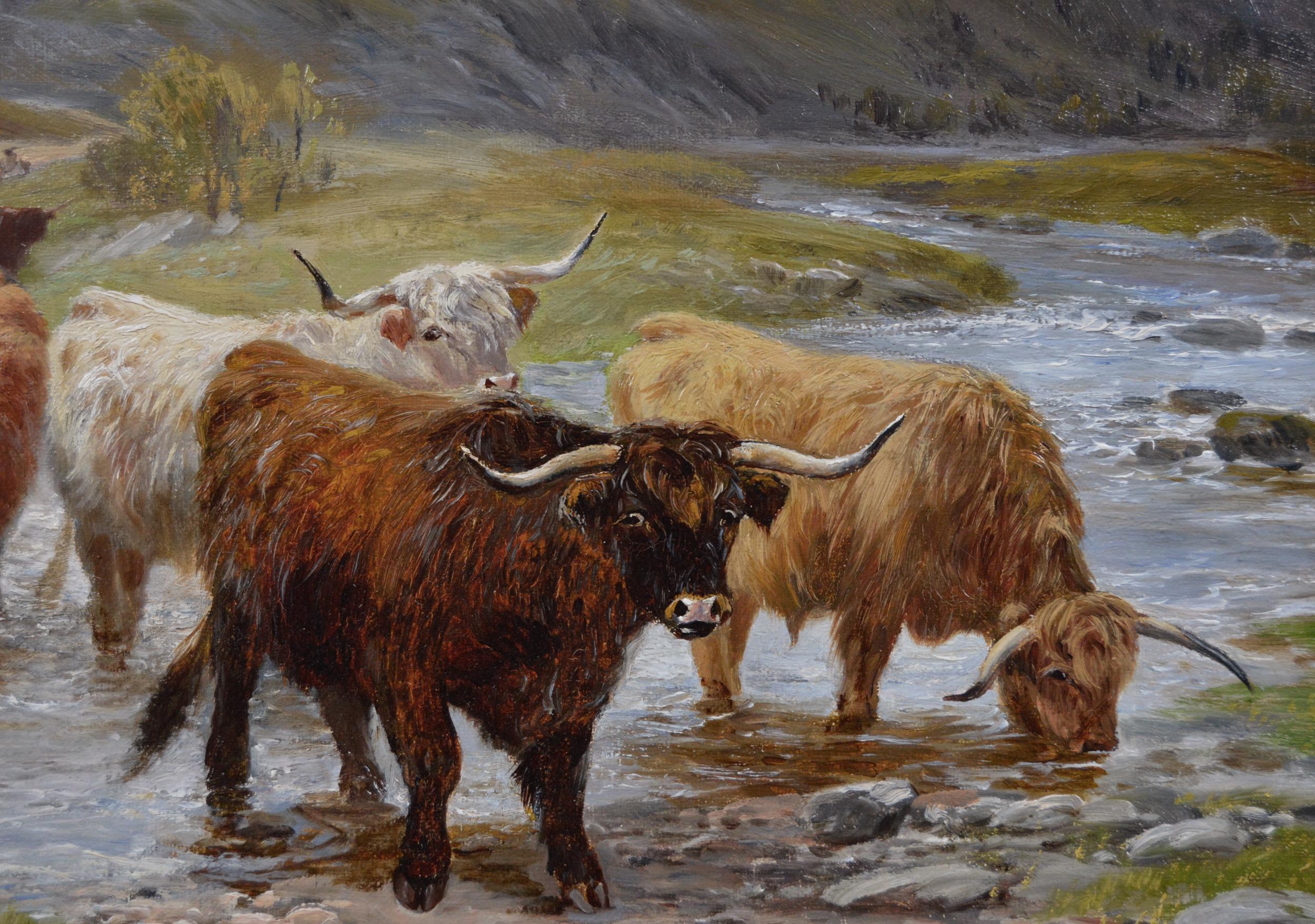 peinture à l'huile de paysage écossais du 19ème siècle représentant des bovins Highland traversant un gué 1
