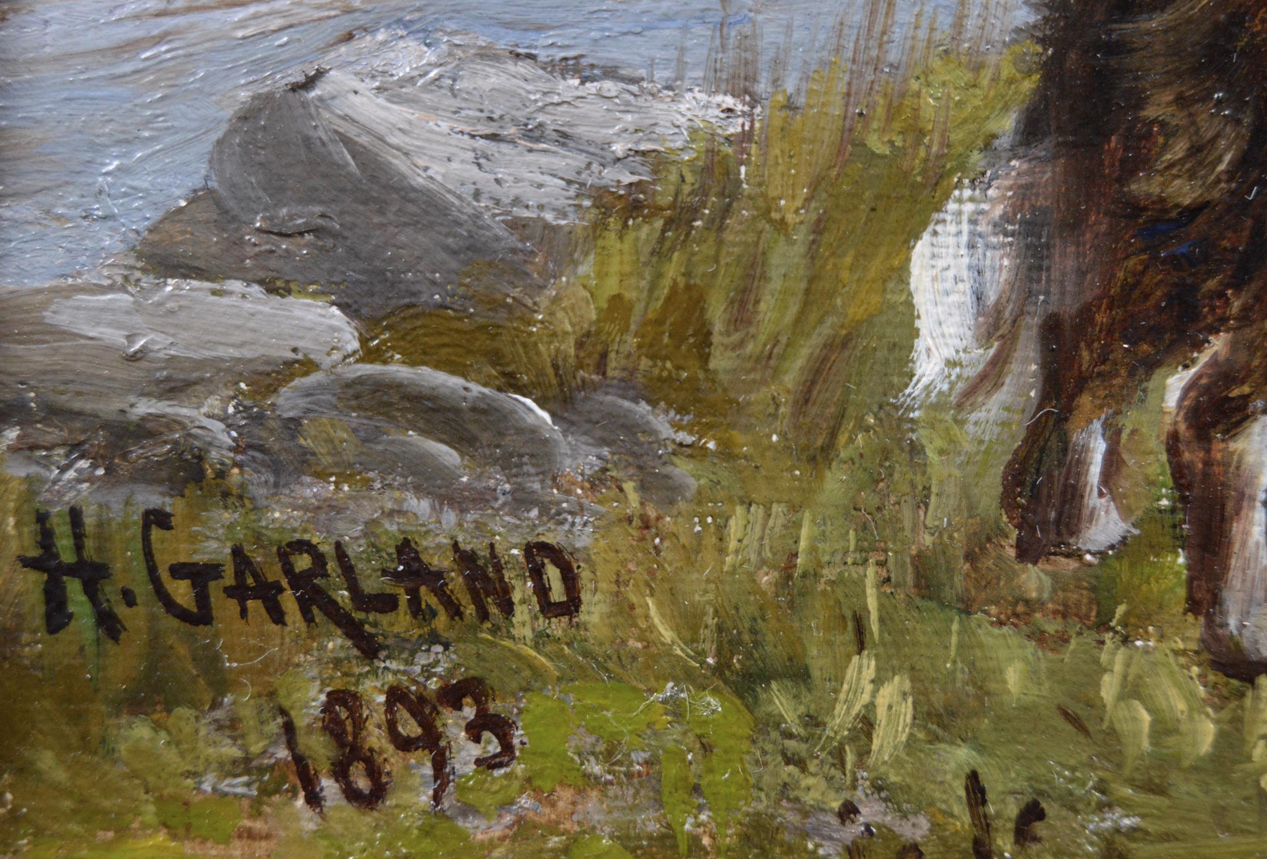 peinture à l'huile de paysage écossais du 19ème siècle représentant des bovins Highland traversant un gué 2