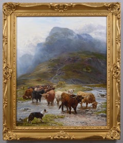 19th Century Scottish landscape oil painting of Highland Cattle crossing a ford