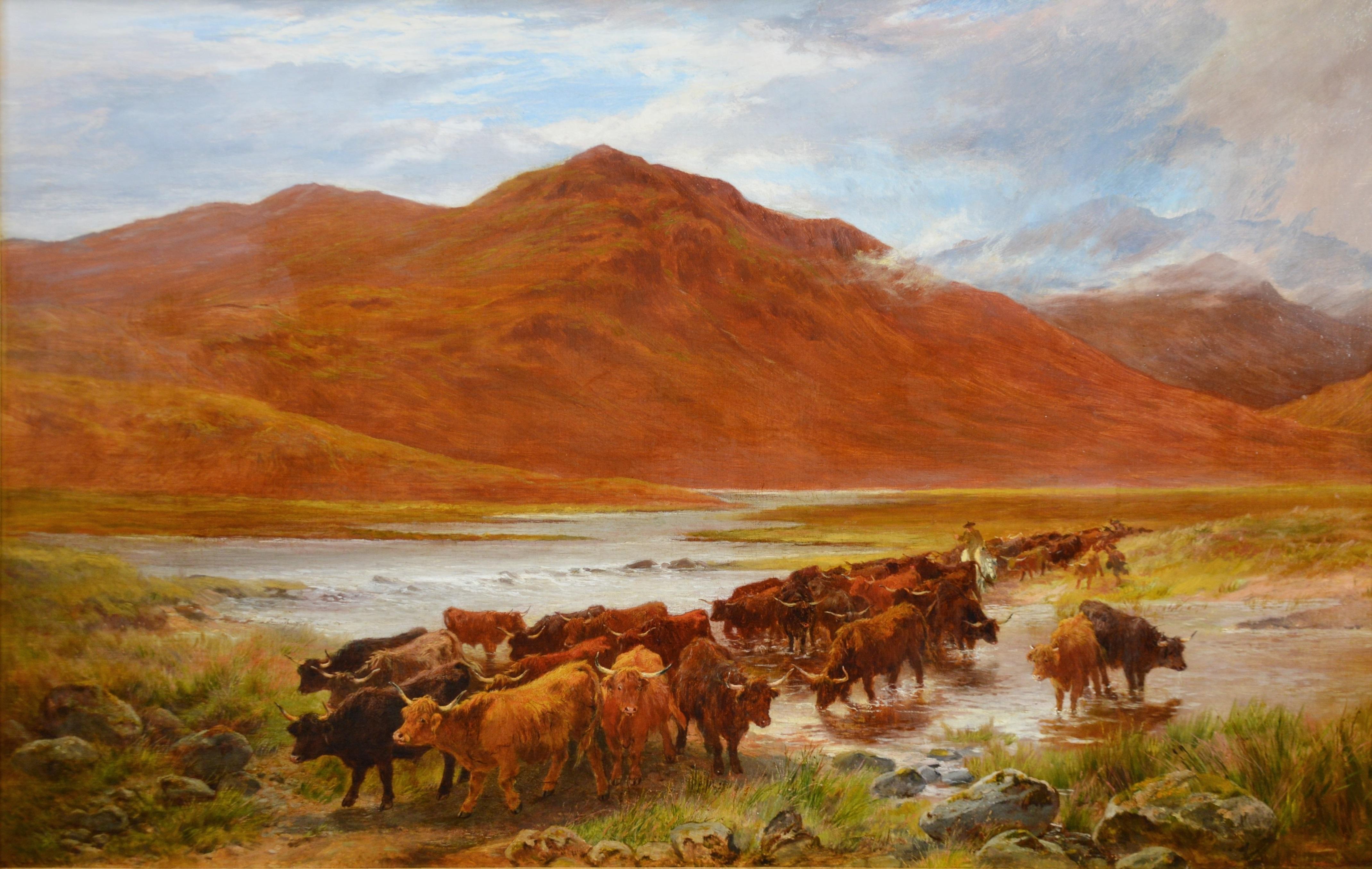 Highlanders Heading South - Grande peinture à l'huile des Highlands écossaises du 19e siècle - Marron Animal Painting par Henry Garland