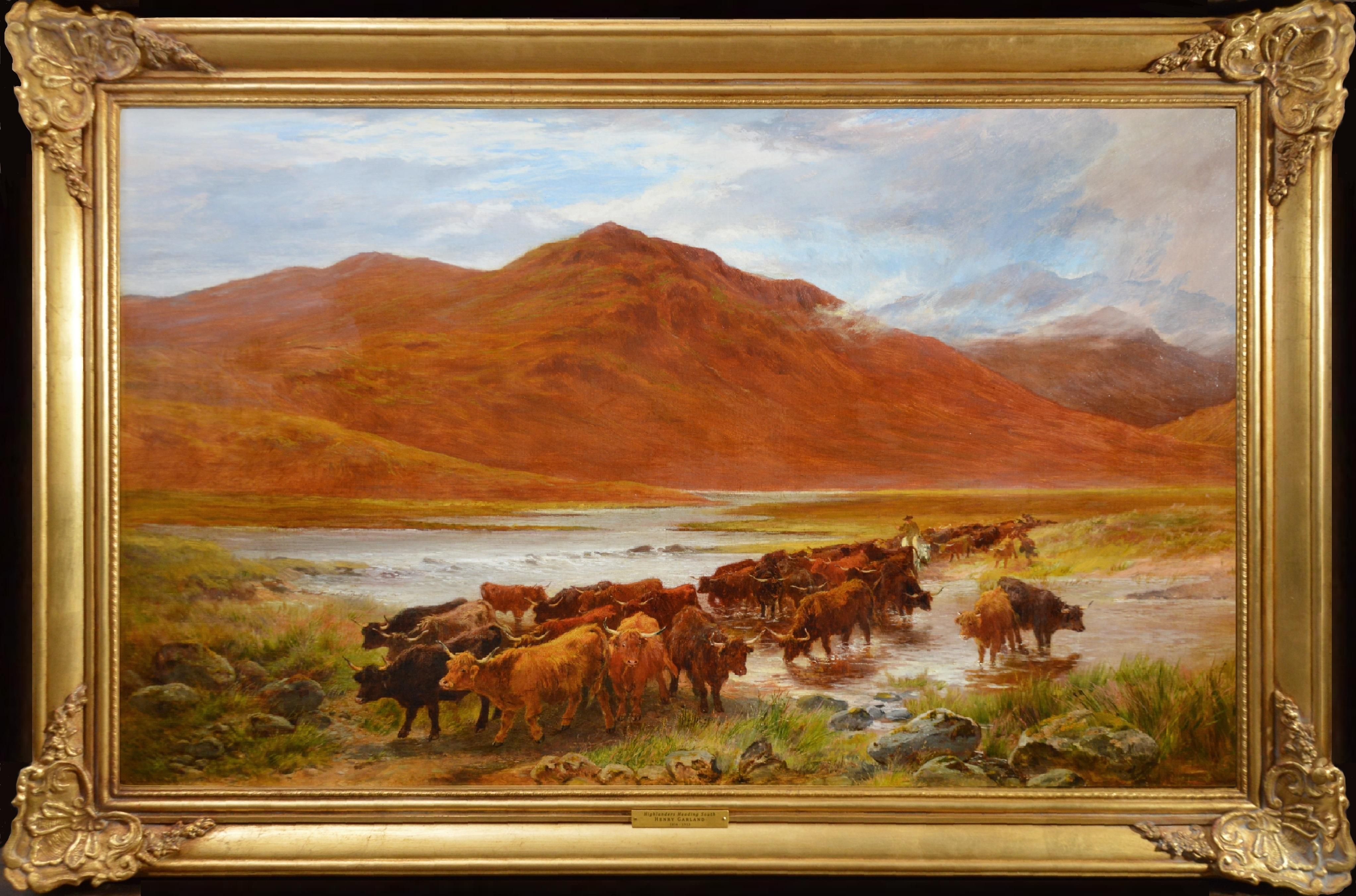 Animal Painting Henry Garland - Highlanders Heading South - Grande peinture à l'huile des Highlands écossaises du 19e siècle
