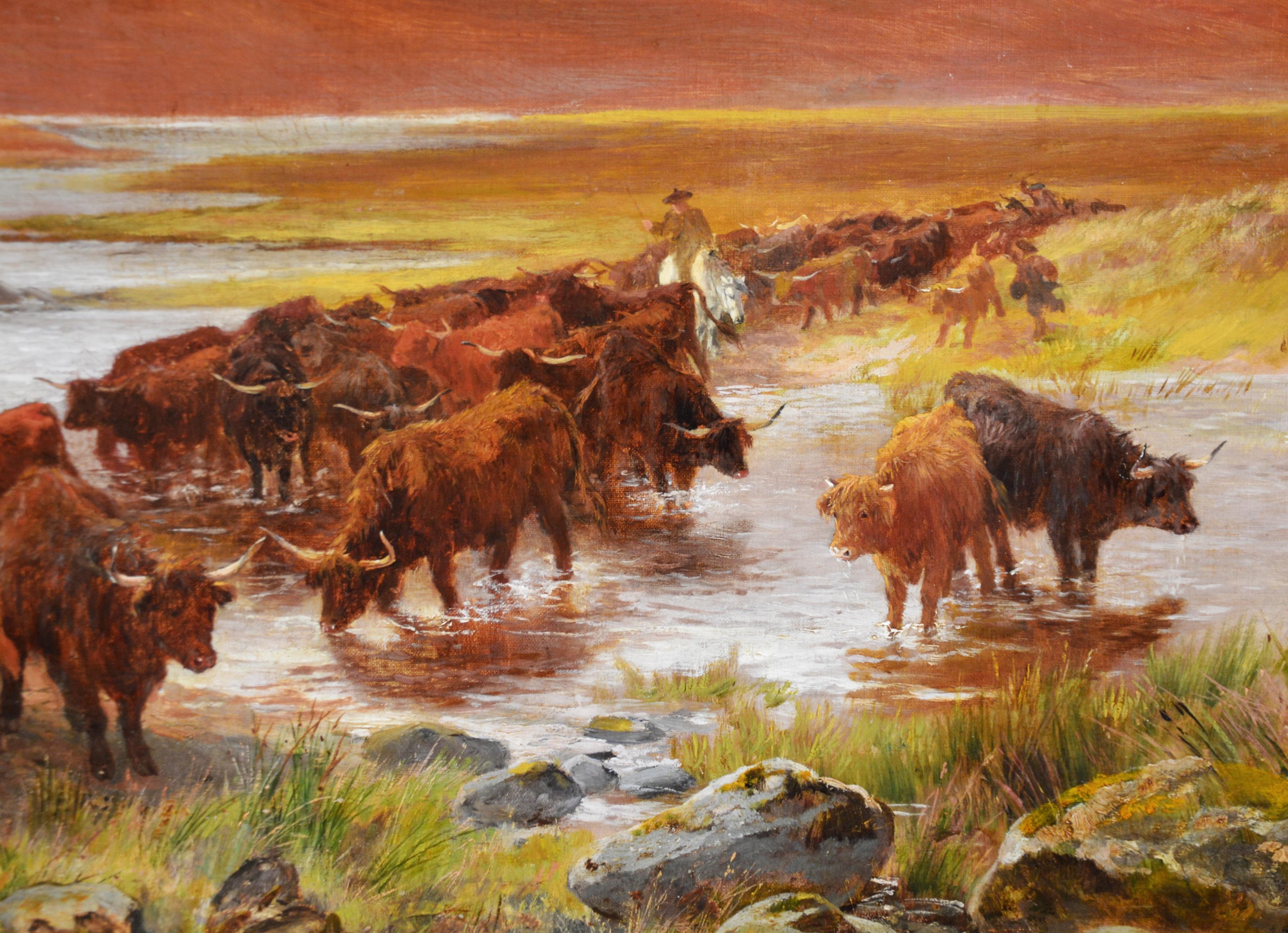Highlanders Heading South - Grande peinture à l'huile des Highlands écossaises du 19e siècle 1