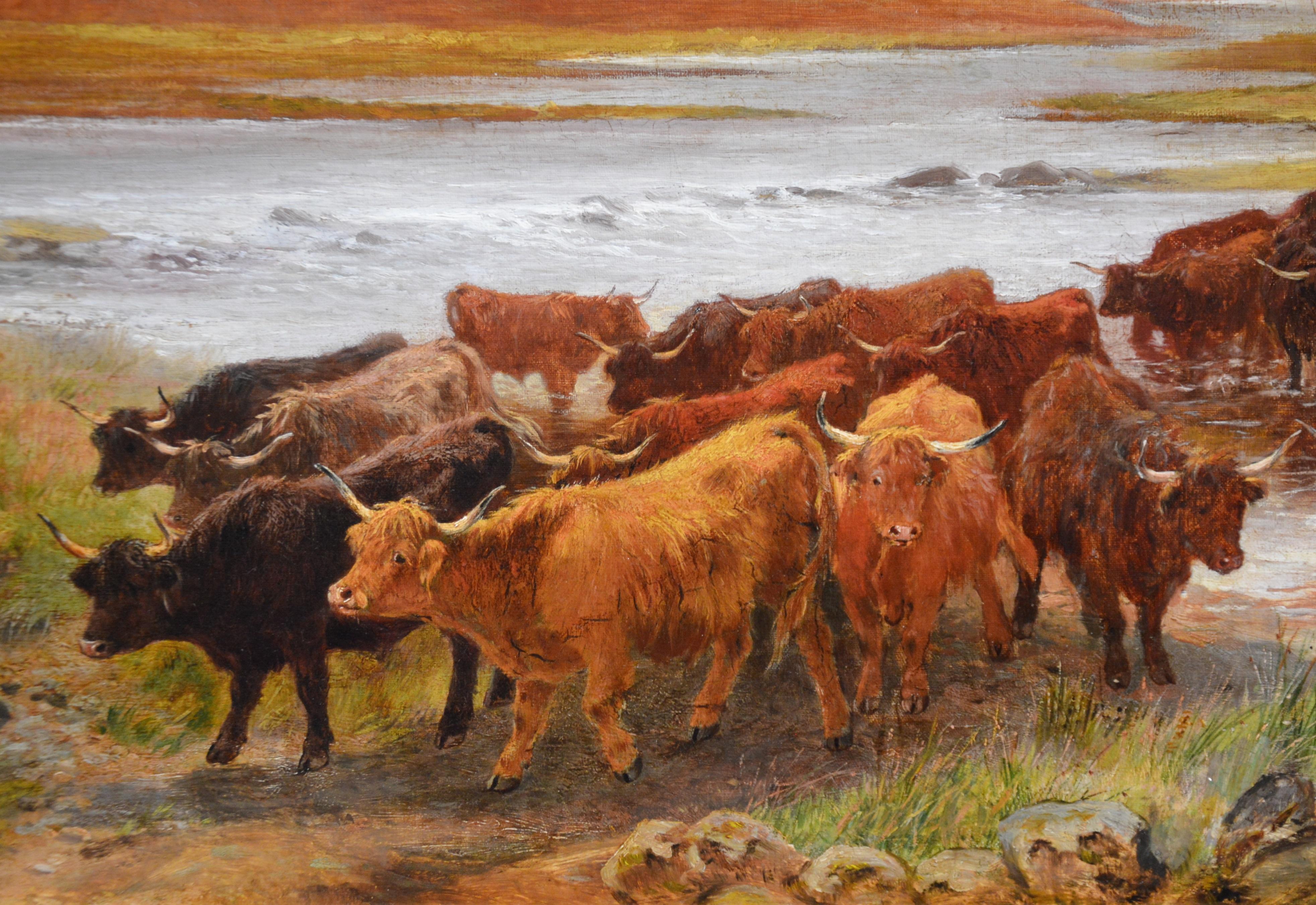 Highlanders Heading South - Grande peinture à l'huile des Highlands écossaises du 19e siècle 2