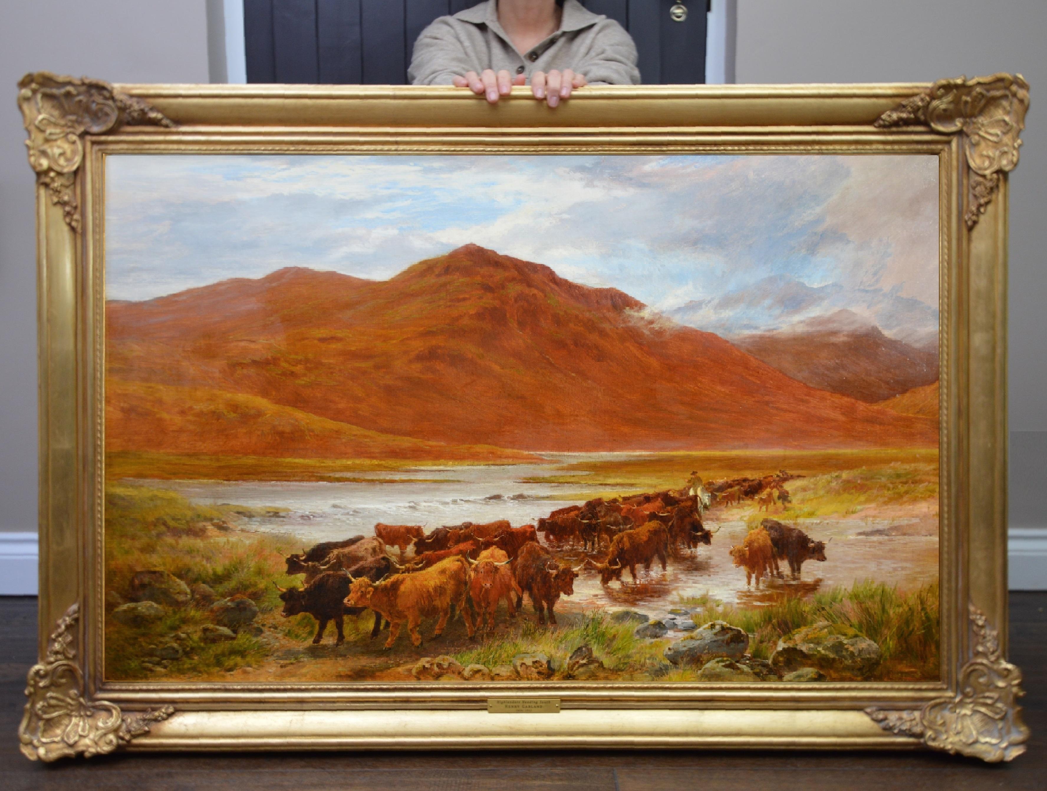 Highlanders Heading South - Grande peinture à l'huile des Highlands écossaises du 19e siècle - École anglaise Painting par Henry Garland