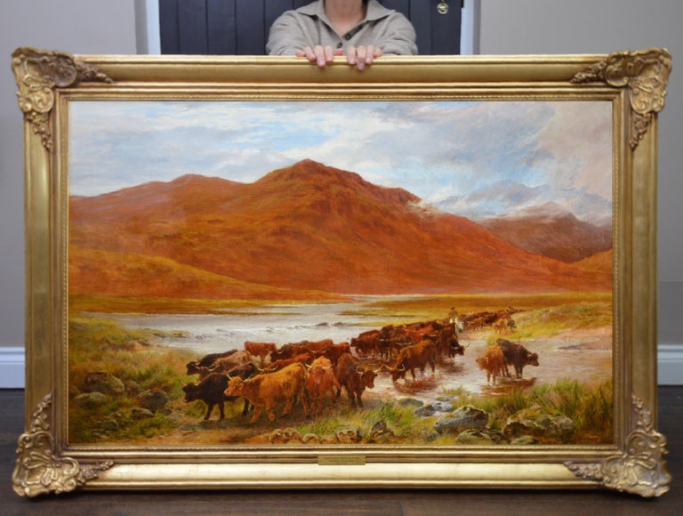 Highlanders Heading South - Large 19th Century Scottish Highlands Oil Painting - Brown Animal Painting by Henry Garland