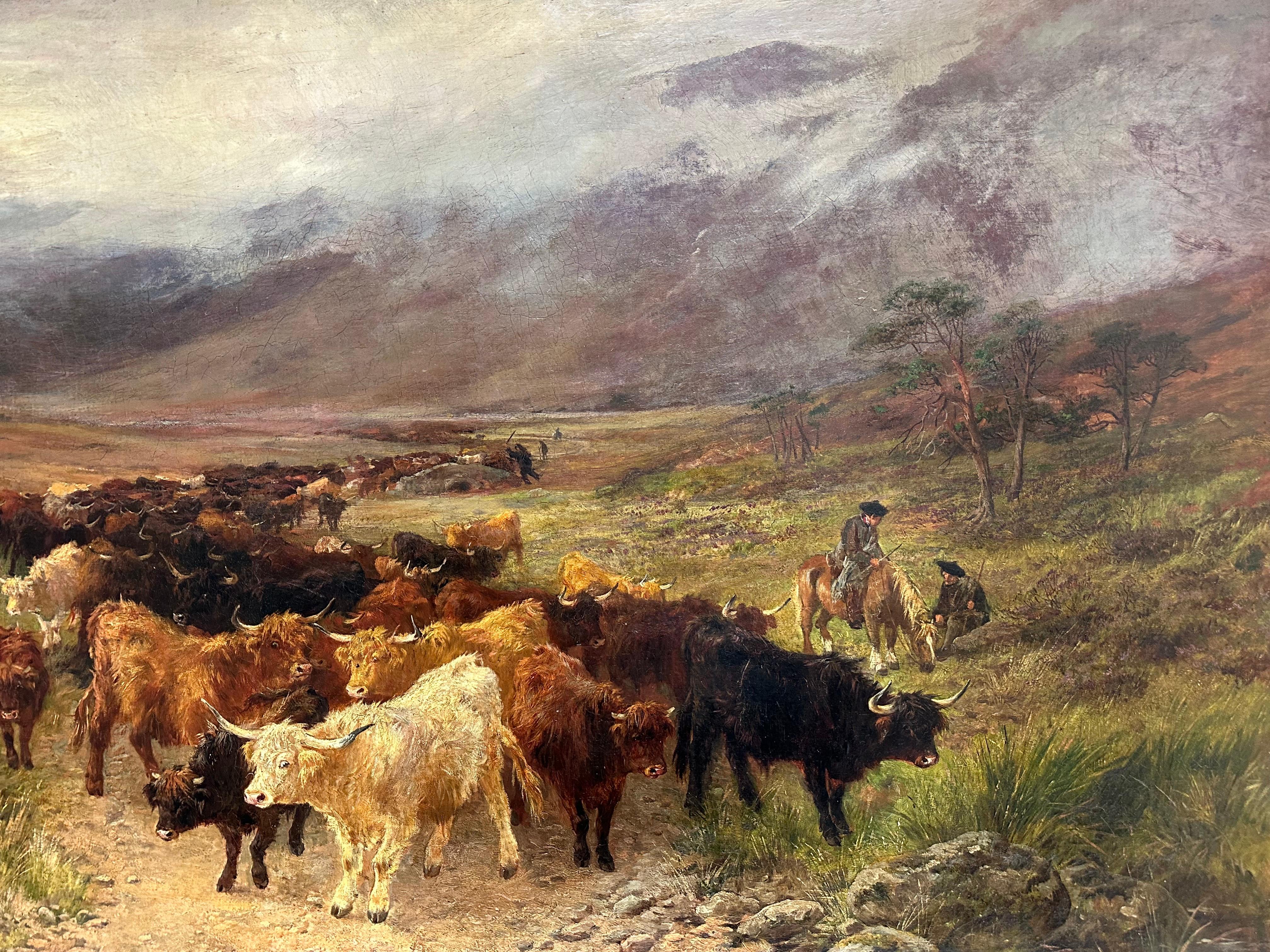 Enorme óleo escocés victoriano Ganado de las Tierras Altas en una brumosa cañada montañosa 1873 en venta 5