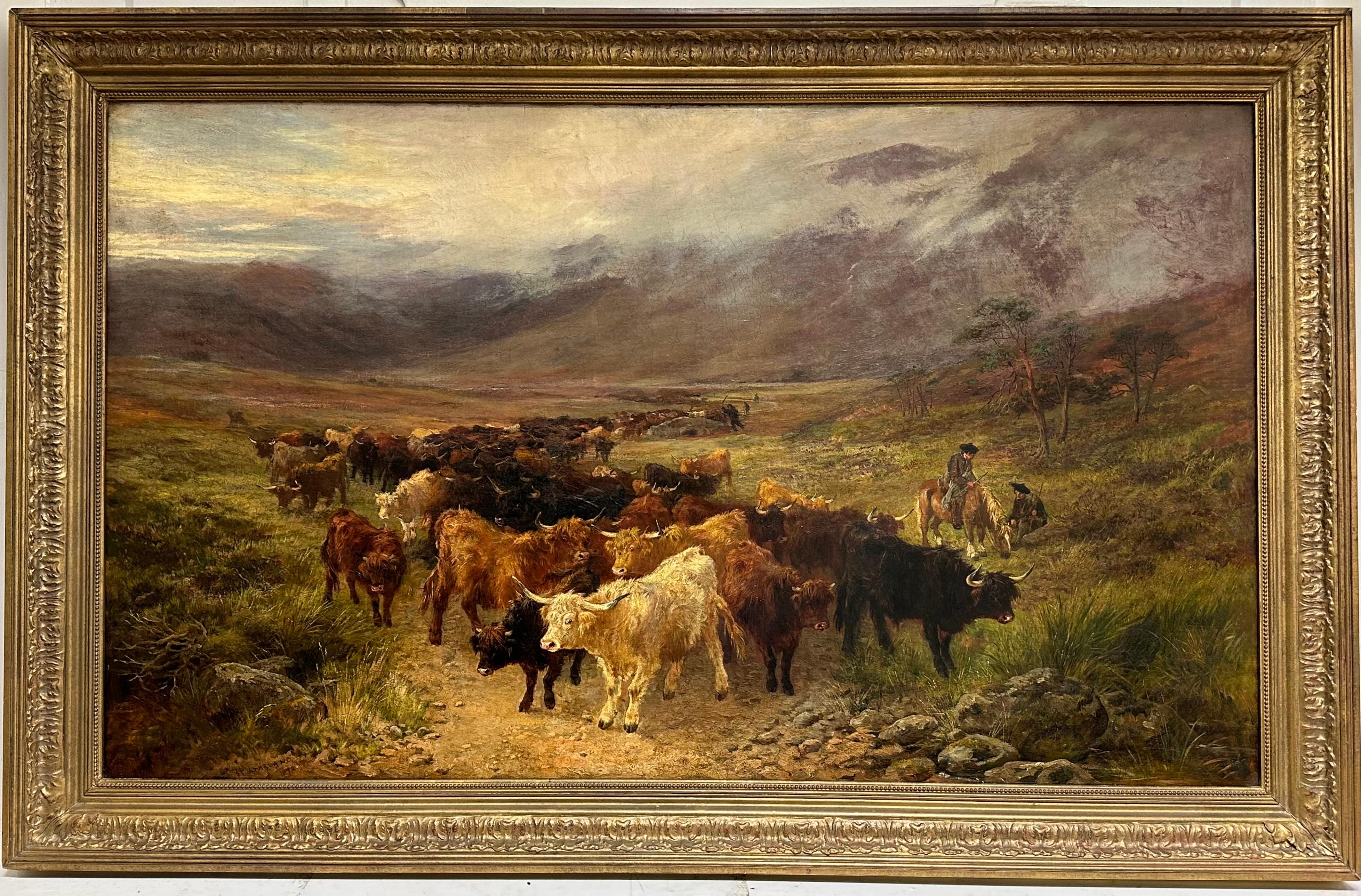 Enorme óleo escocés victoriano Ganado de las Tierras Altas en una brumosa cañada montañosa 1873 en venta 7