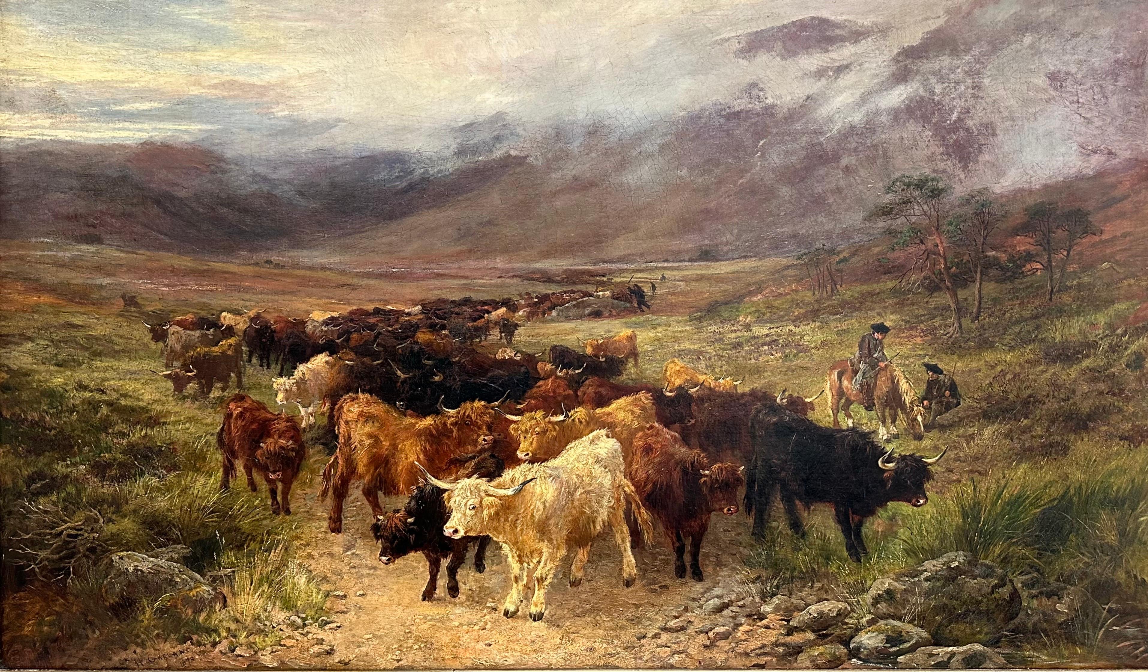 Enorme óleo escocés victoriano Ganado de las Tierras Altas en una brumosa cañada montañosa 1873 - Painting de Henry Garland