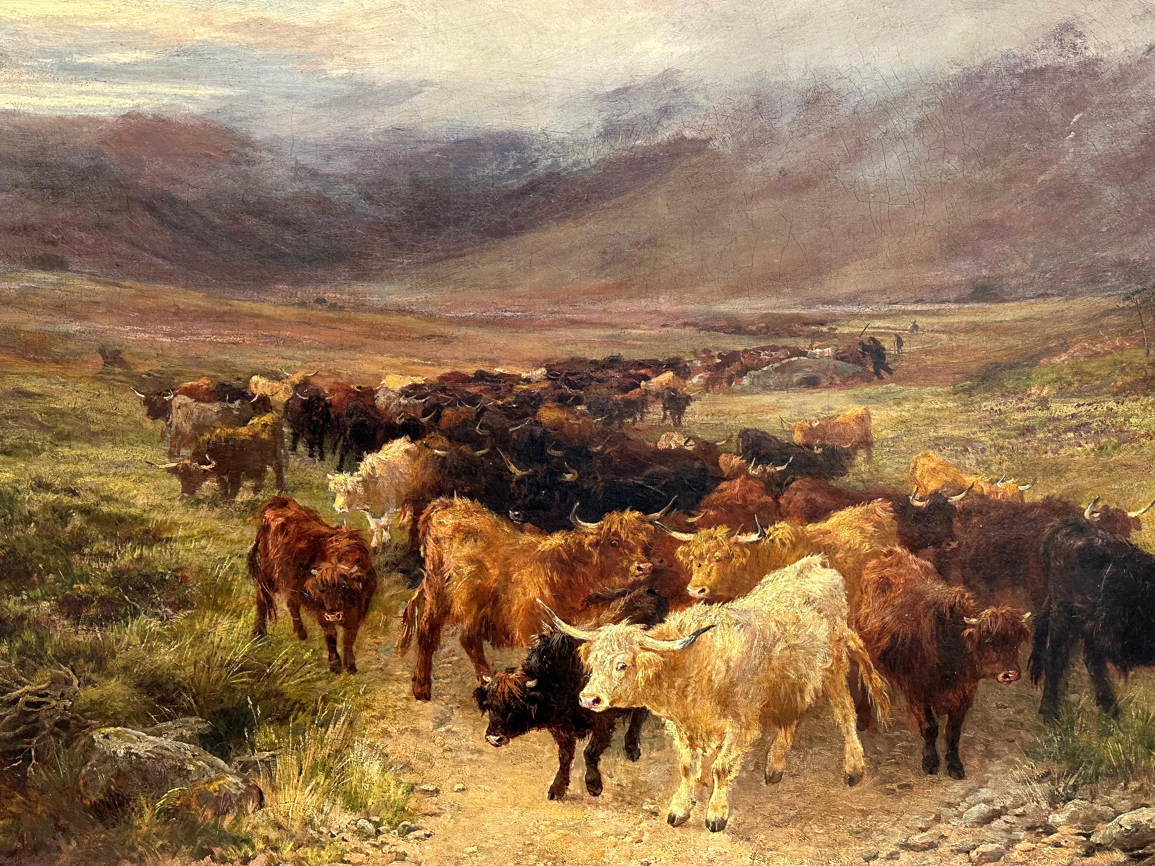 Enorme óleo escocés victoriano Ganado de las Tierras Altas en una brumosa cañada montañosa 1873 - Painting Victoriano de Henry Garland