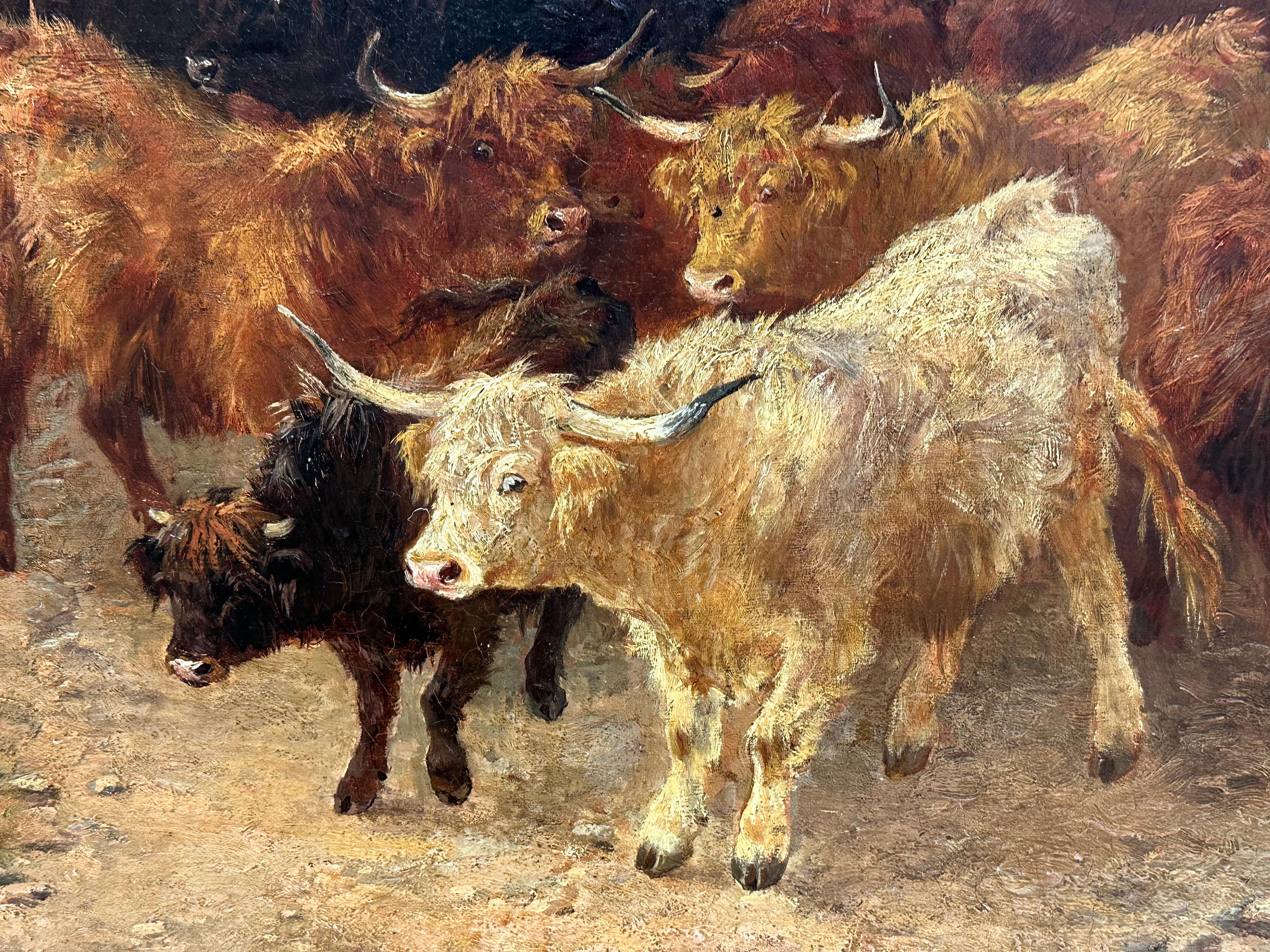 Enorme óleo escocés victoriano Ganado de las Tierras Altas en una brumosa cañada montañosa 1873 - Animal Painting Marrón de Henry Garland