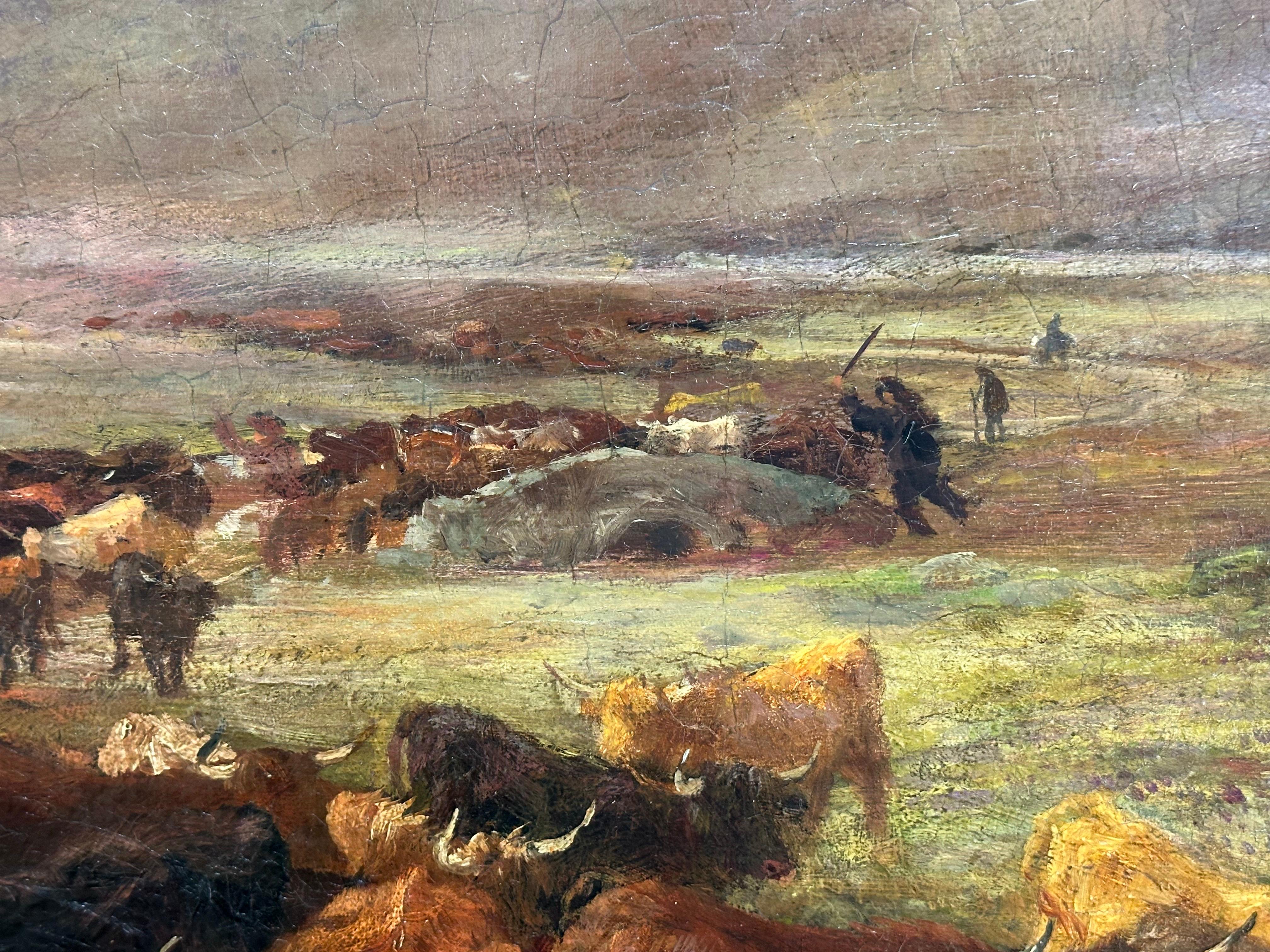 Enorme óleo escocés victoriano Ganado de las Tierras Altas en una brumosa cañada montañosa 1873 en venta 4