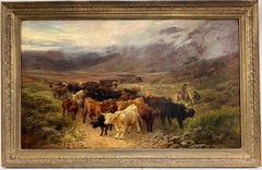 Grande peinture à l'huile écossaise victorienne Highland Cattle in Misty Mountain Glen 1873