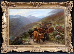 Longhorn Cattle on Highland Pass - 19th Century Oil Painting Scottish Landscape