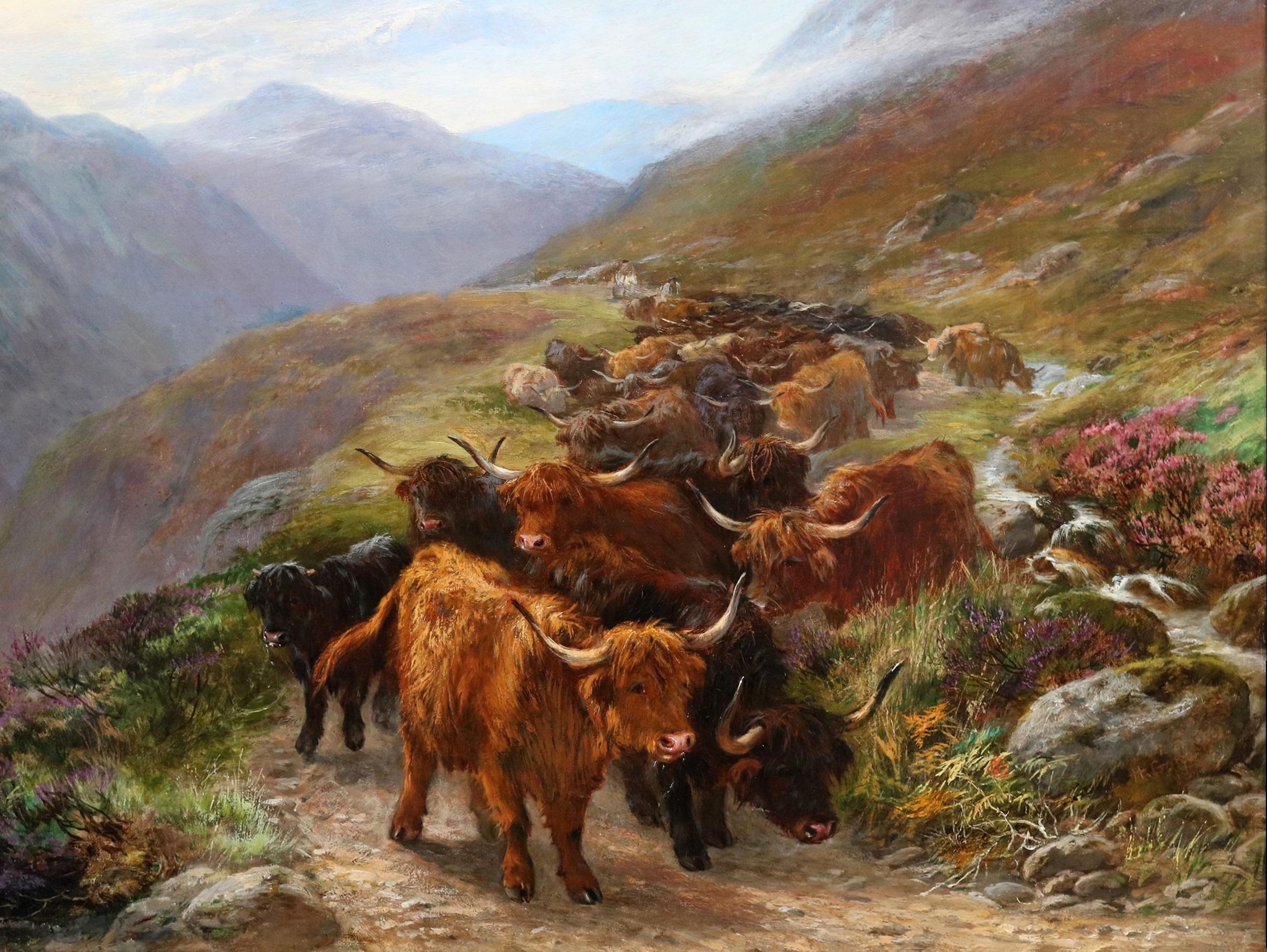 Longhorn Cattle on Highland Pass - 19th Century Oil Painting Scottish Landscape For Sale 1
