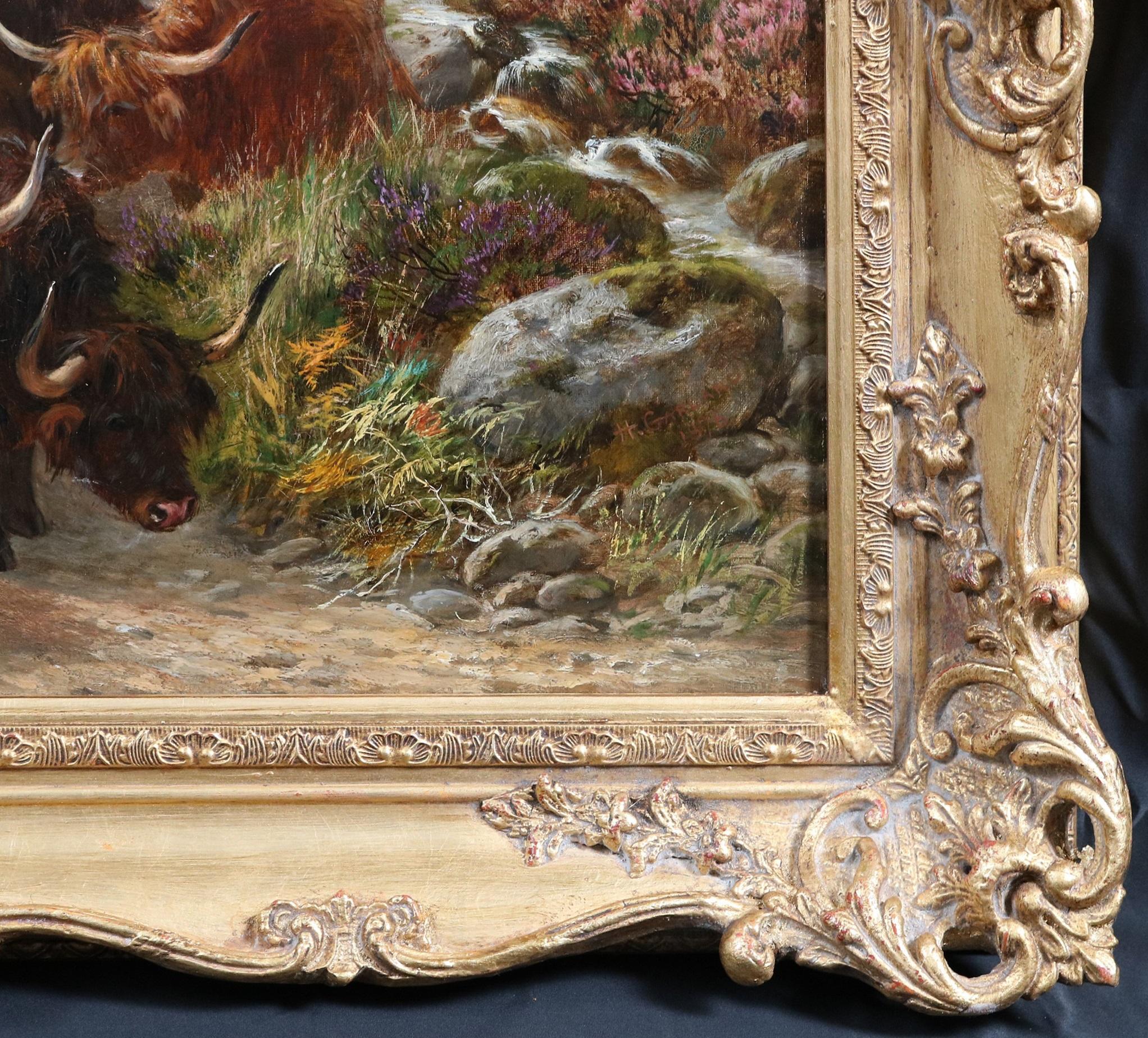 Bovini longhorn sul passo di Highland - Paesaggio scozzese del XIX secolo dipinto a olio 6