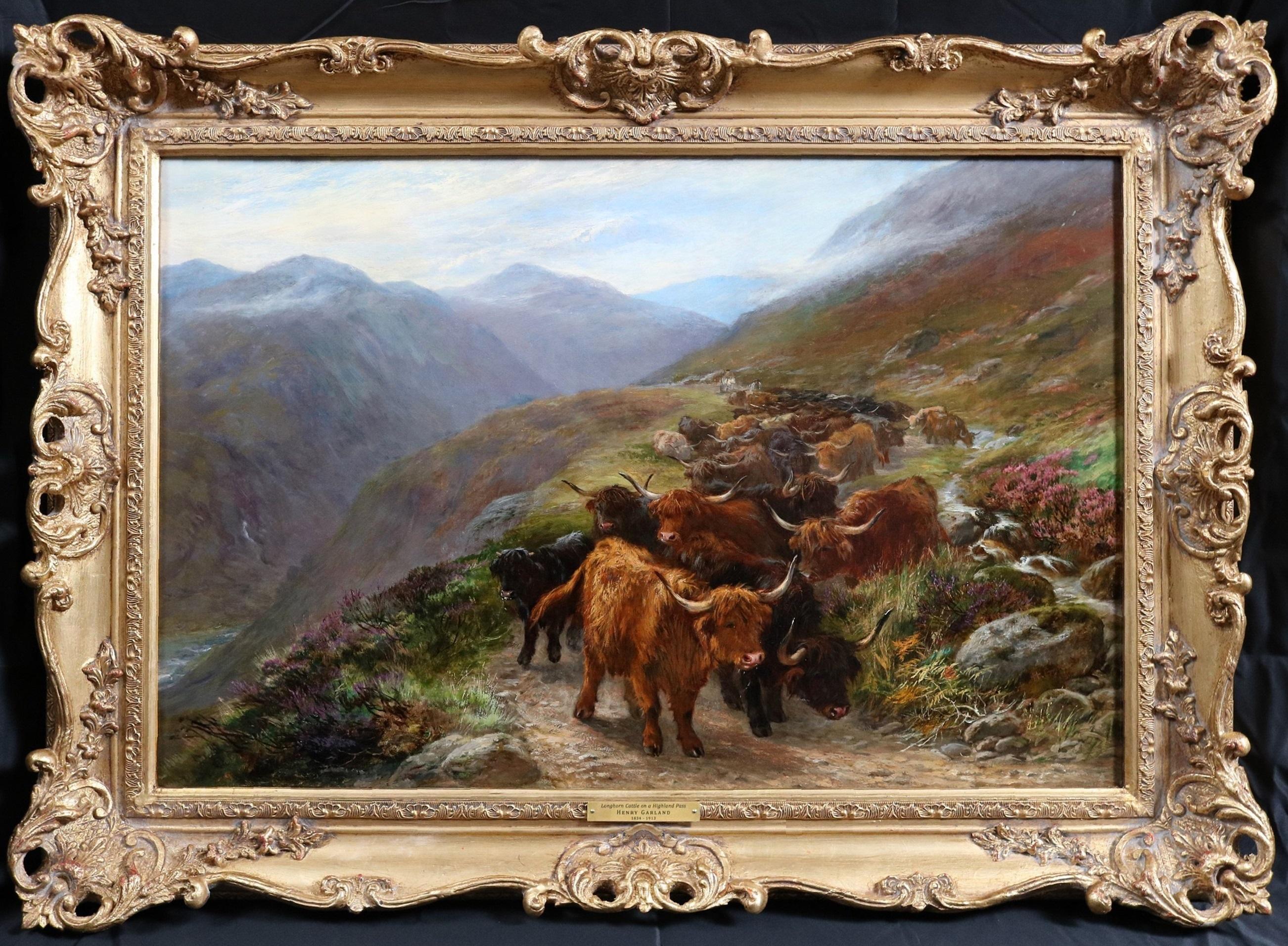 Bovini longhorn sul passo di Highland - Paesaggio scozzese del XIX secolo dipinto a olio - Painting di Henry Garland