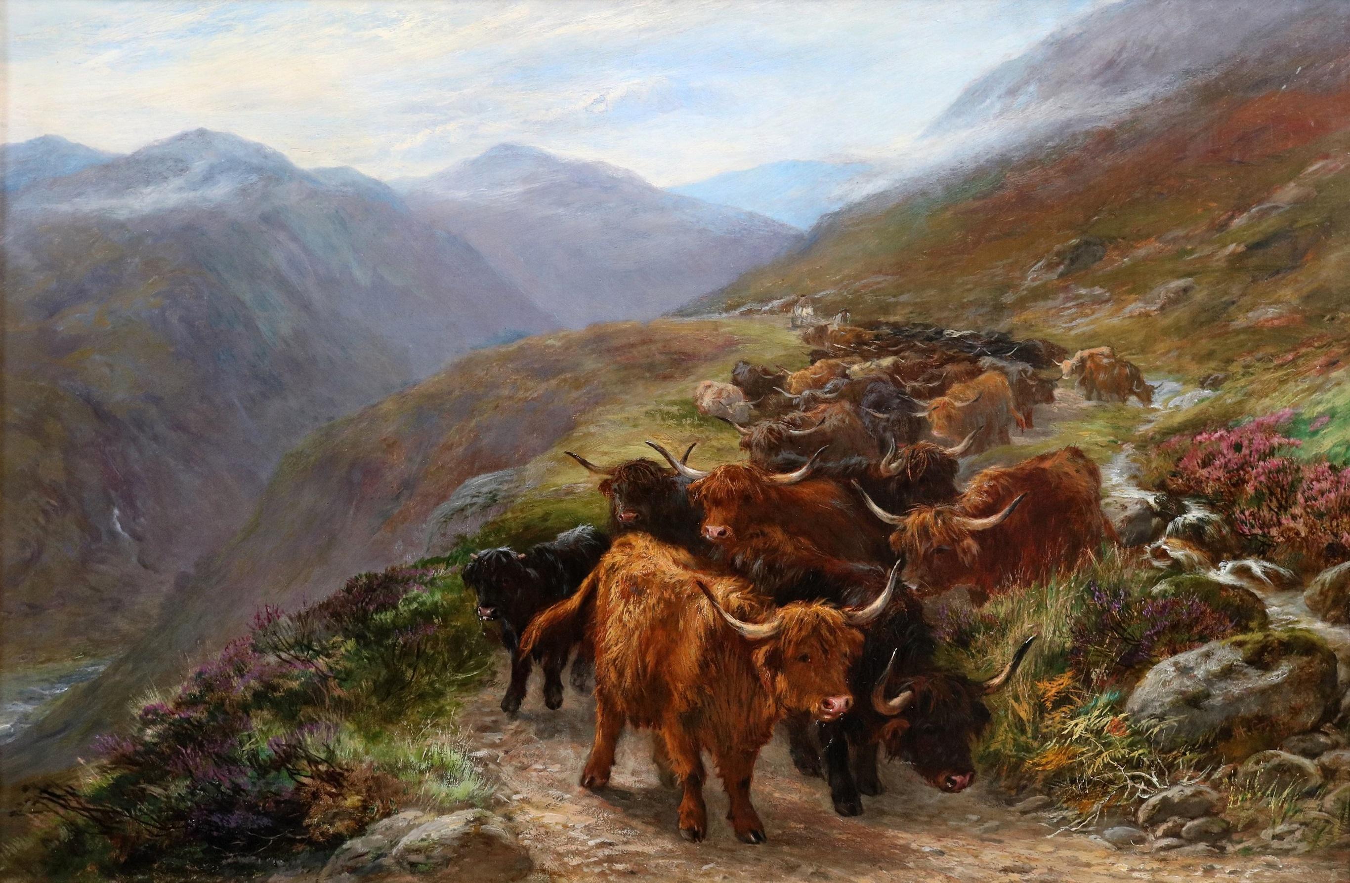 Bovini longhorn sul passo di Highland - Paesaggio scozzese del XIX secolo dipinto a olio - Painting Vittoriano di Henry Garland