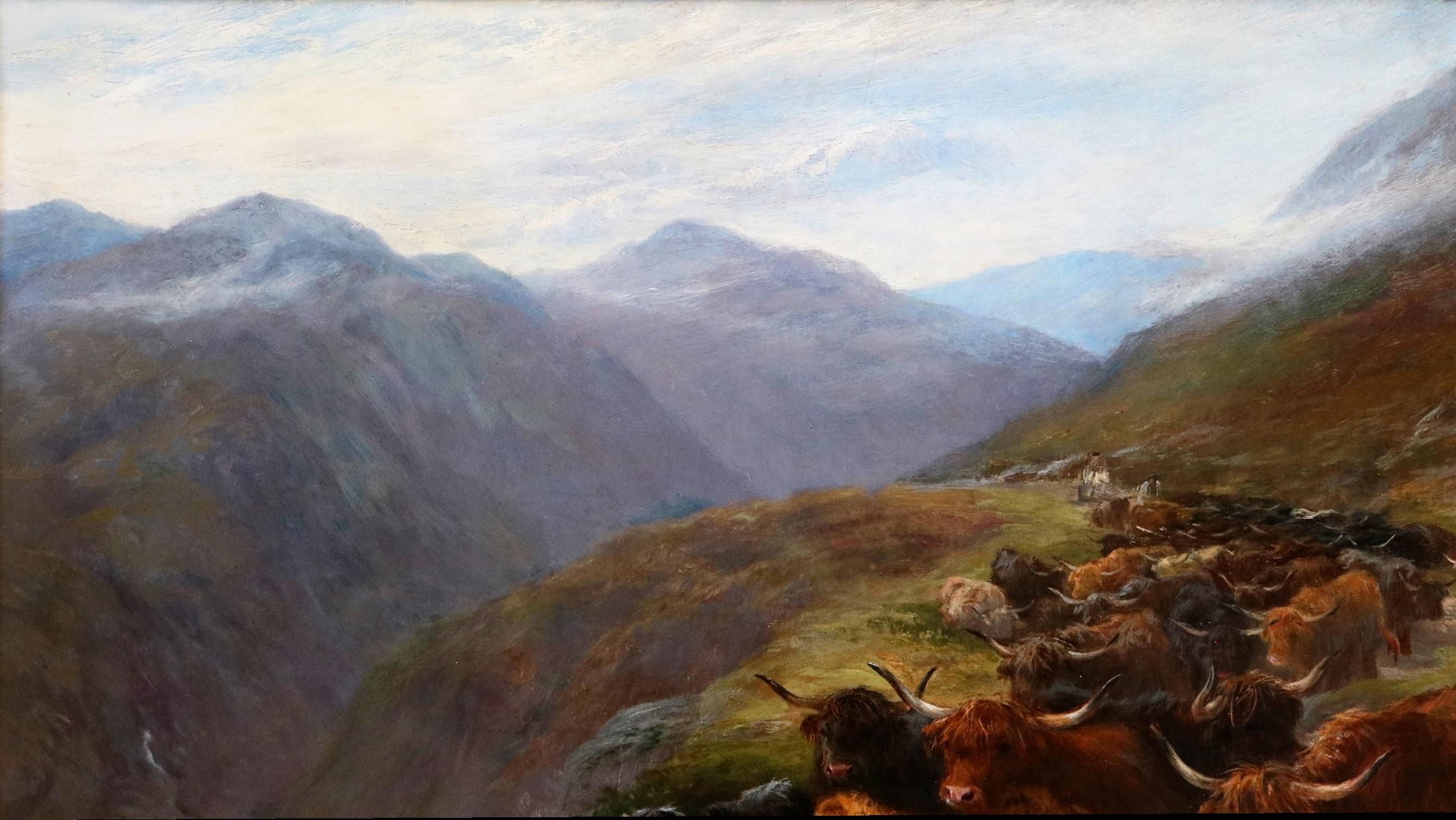 Bovini longhorn sul passo di Highland - Paesaggio scozzese del XIX secolo dipinto a olio 1