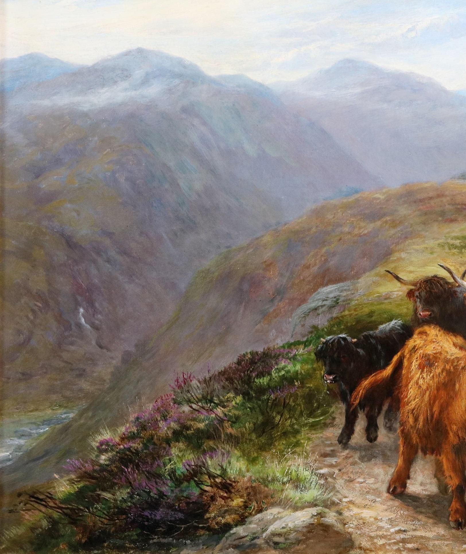 Bovini longhorn sul passo di Highland - Paesaggio scozzese del XIX secolo dipinto a olio 2