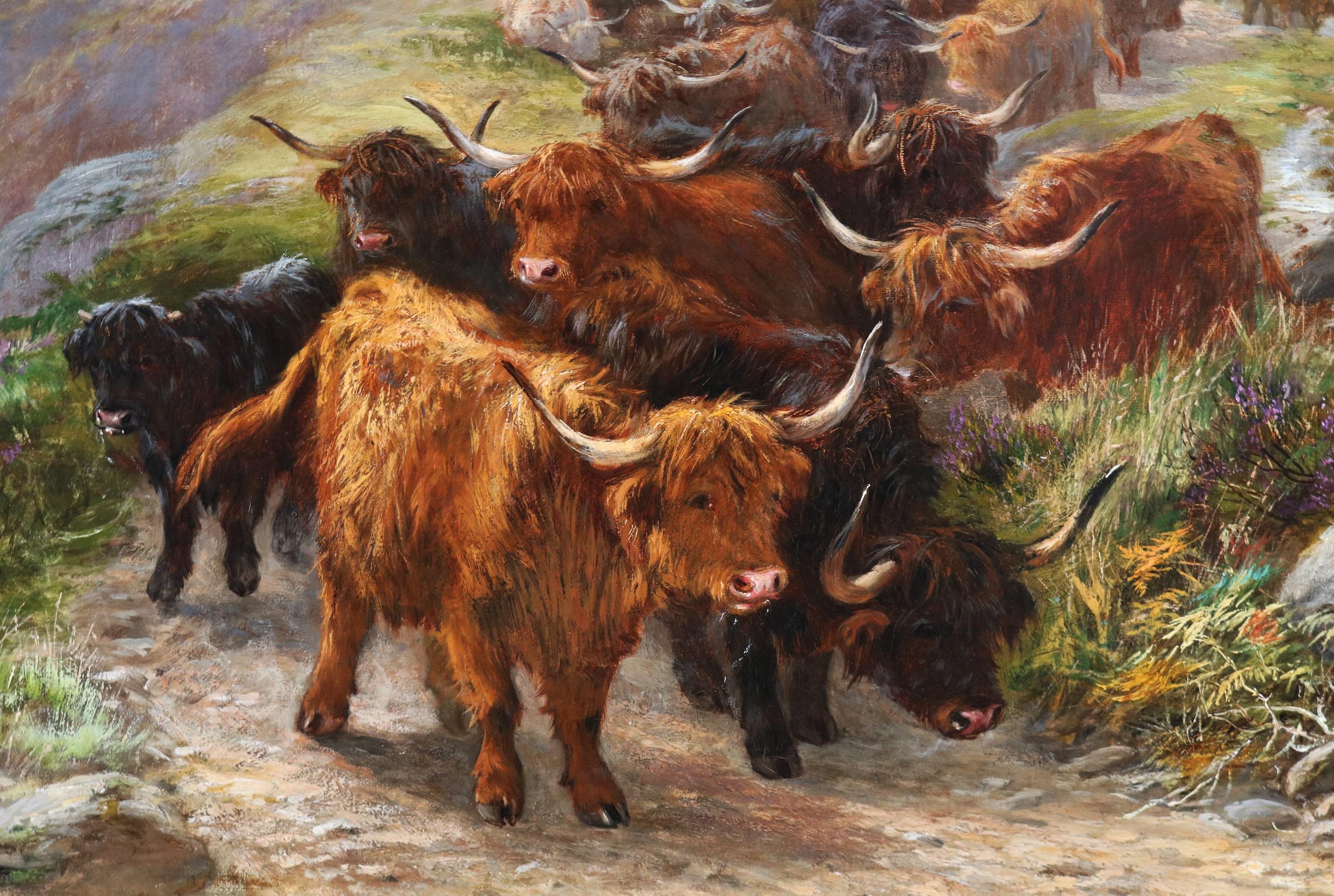 Longhorn Cattle on Highland Pass - Pintura al óleo de paisajes escoceses del siglo XIX  2
