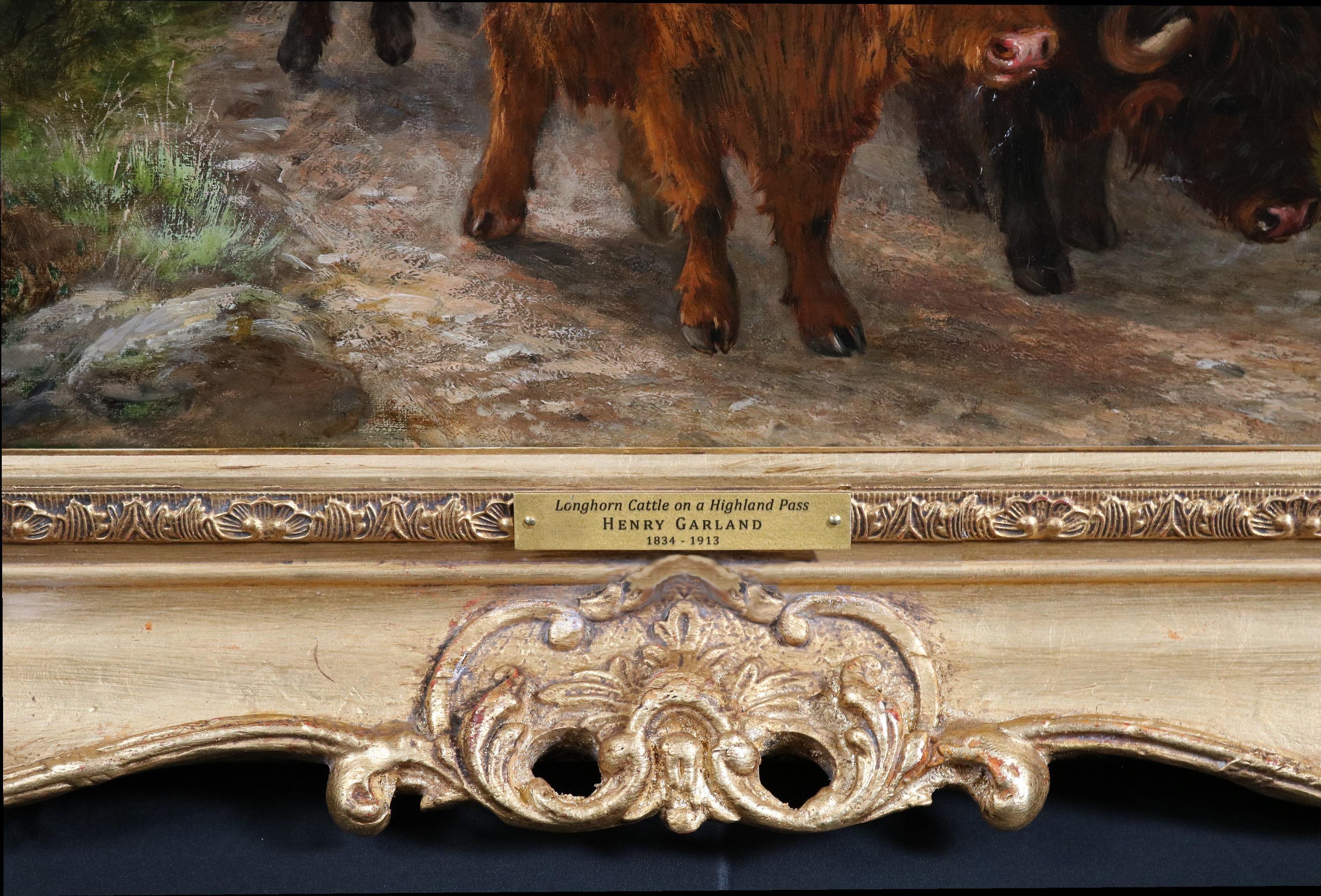 Bovini longhorn sul passo di Highland - Paesaggio scozzese del XIX secolo dipinto a olio 5