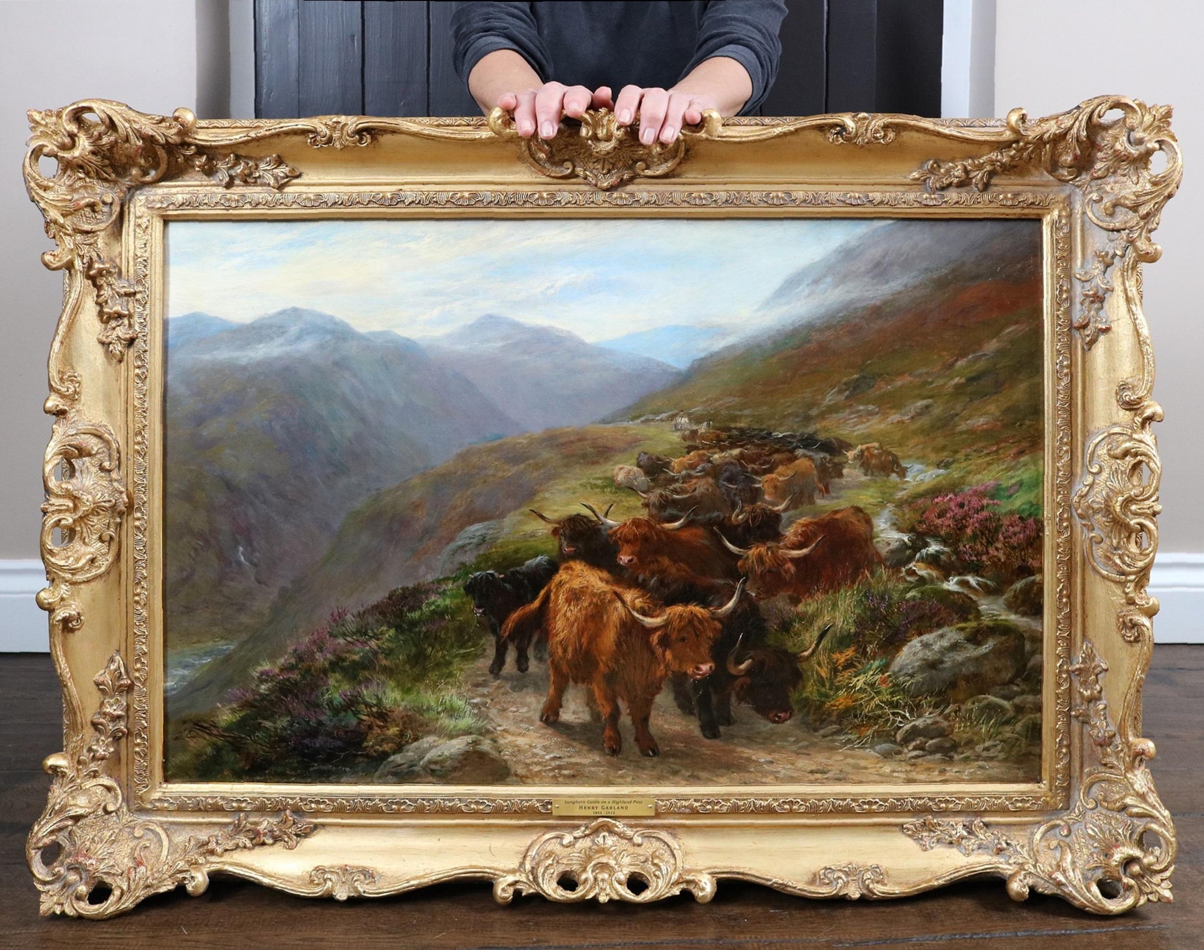 Henry Garland Animal Painting – Longhorn-Kattle auf Highland Pass – schottische Landschaft, Ölgemälde des 19. Jahrhunderts 