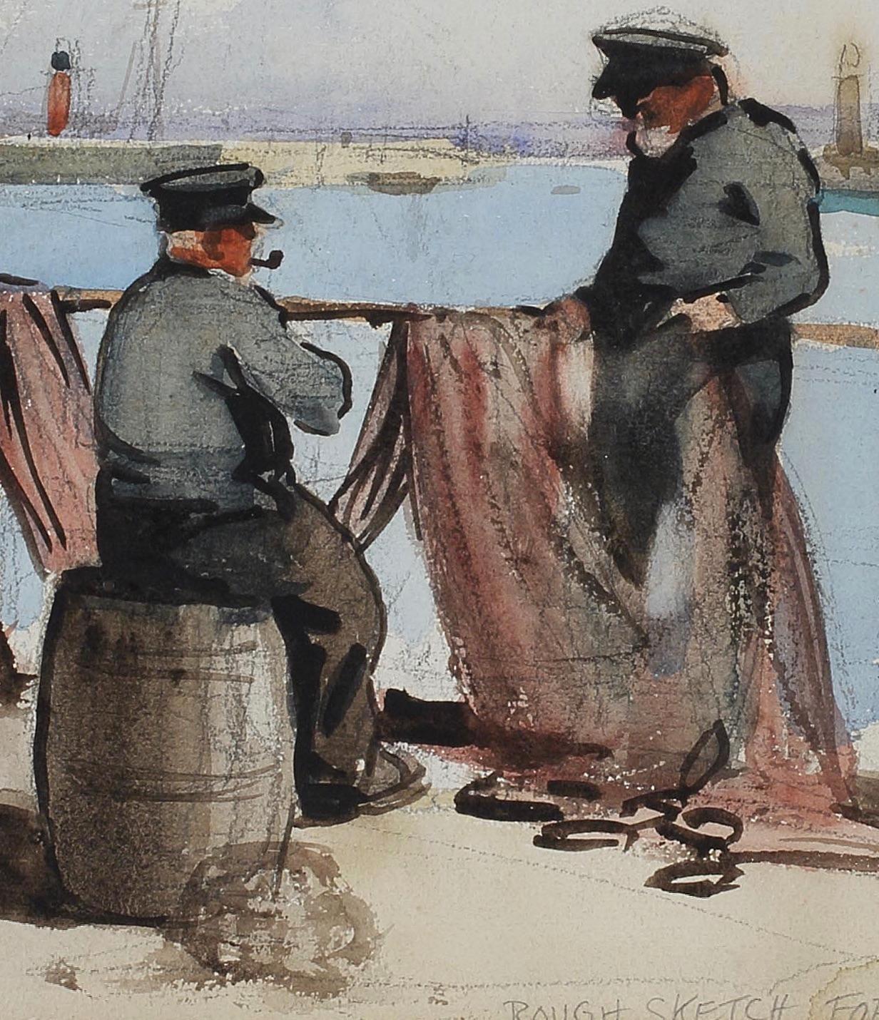 Henry George Gawthorn (1879–1941) Rare watercolor study of two fishermen examining a large fishing net in the harbour. 
Inscribed ‘rough sketch for poster’ & signed H G Gawthorn in pencil. 
With a pencil sketch of one of the fishermen on the reverse