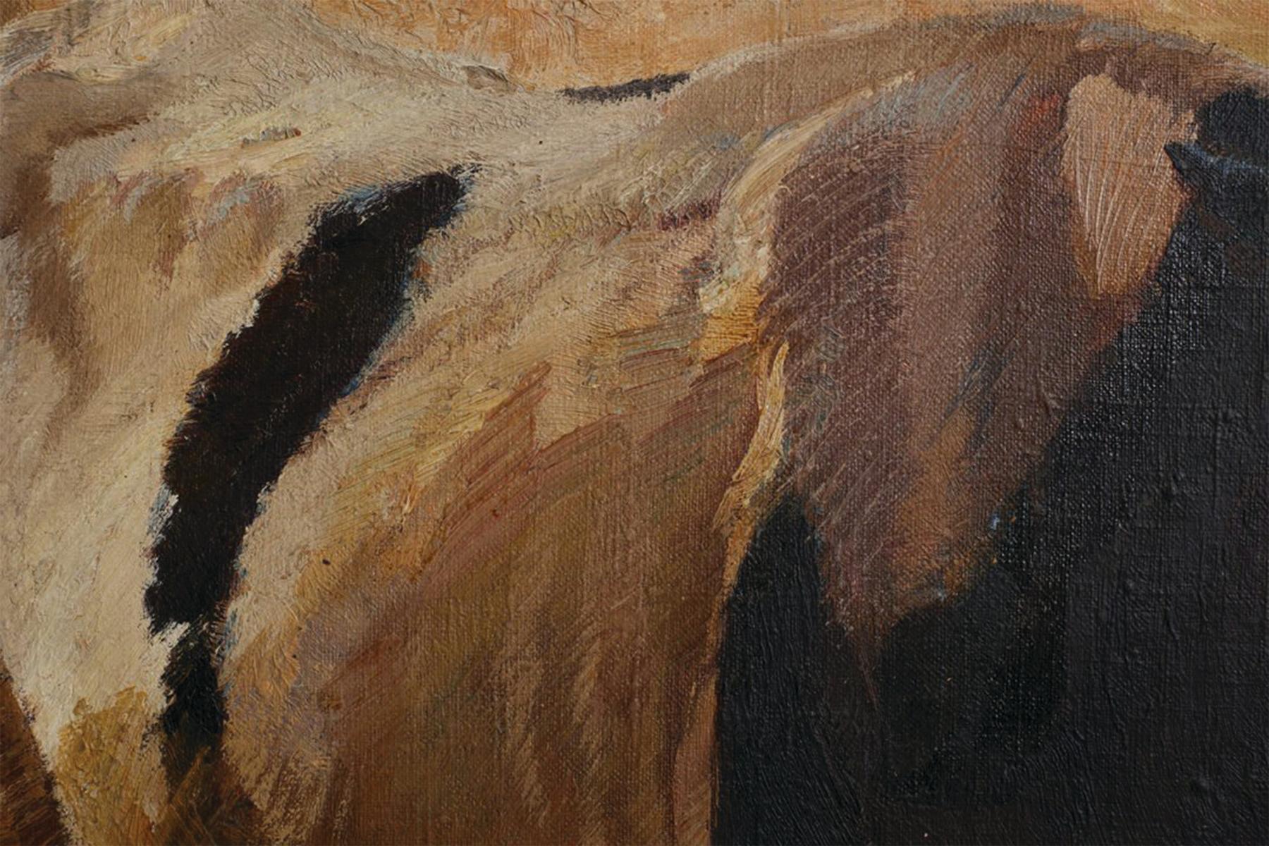 Henry George Keller (Amerikaner, 1868-1949)
Studie zur Rinderserie, 1901
Öl auf Leinwand
Verso signiert
22 x 26 Zoll
28,5 x 33 Zoll, gerahmt

Keller, ein führender Maler in Cleveland, wurde am 3. April 1869 auf See vor Nova Scotia geboren.  Seine