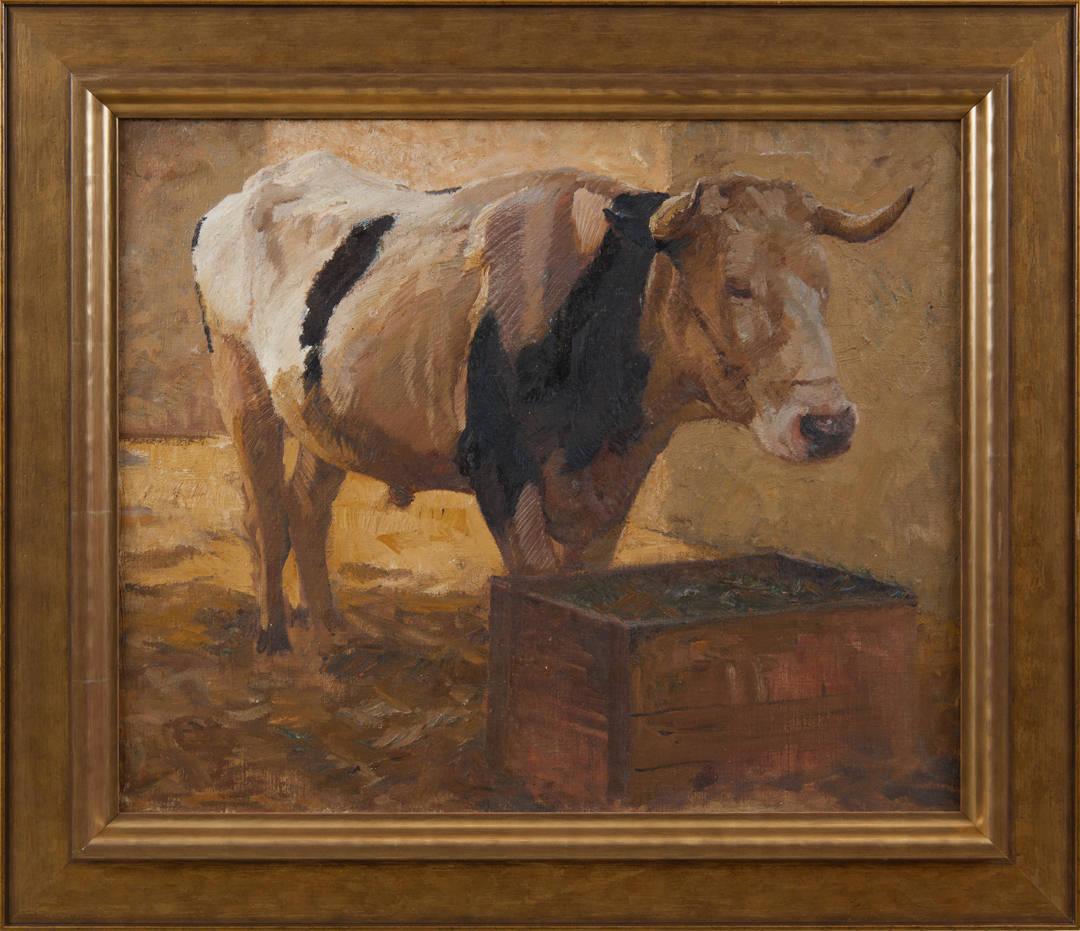 Figurative Painting Henry George Keller - Étude de la série Cattle, peinture bovine du début du 20e siècle, artiste de l'école de Cleveland