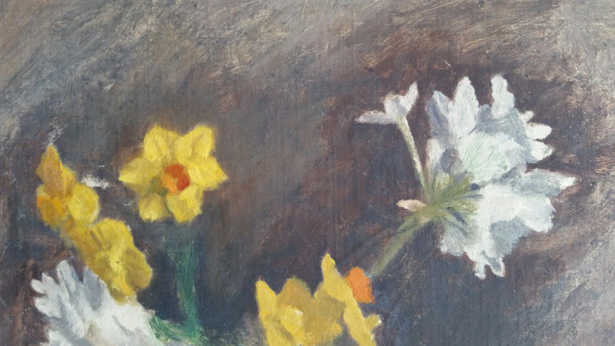 English Still Life Floral Display with Daffodils
by Henry George Moon (British 1857-1905)
on linen canvas, unstretched, unframed, unsigned
measurements: canvas 10 x 12 inches 

provenance: from the artists estate

Condition report: Colours good,