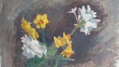 Peinture à l'huile anglaise vintage sur toile, fleurs de printemps