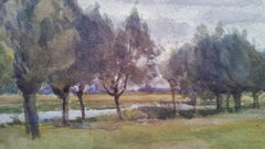 English Watercolour Landscape Painting, Avenue of Riverside Trees