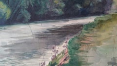 English Watercolour Landscape Painting, River with Overhanging Trees