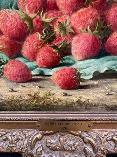 19th century English still life of Strawberries in a landscape with butterfly