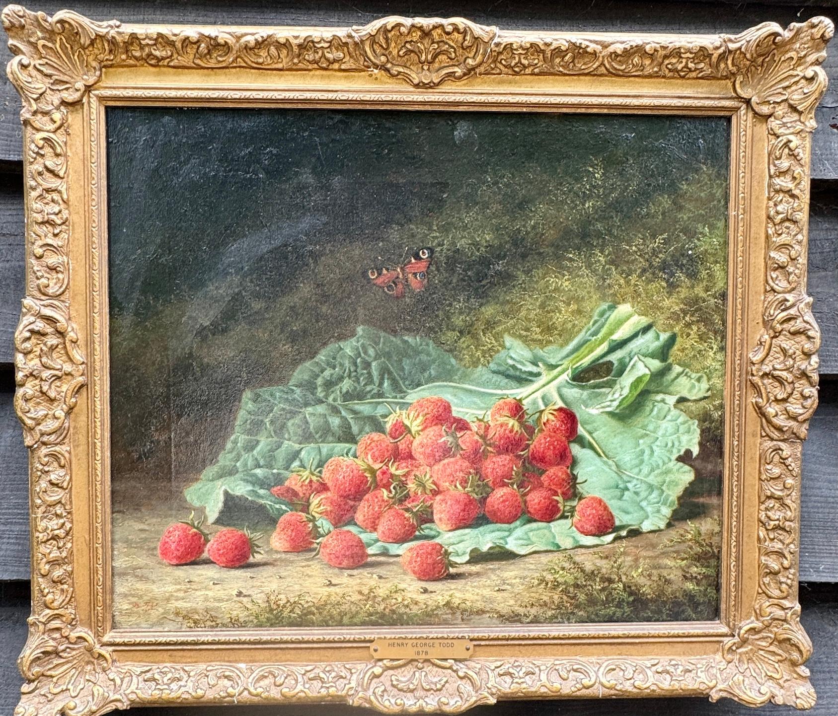Englisches Stillleben des 19. Jahrhunderts mit Erdbeeren in einer Landschaft mit Schmetterling