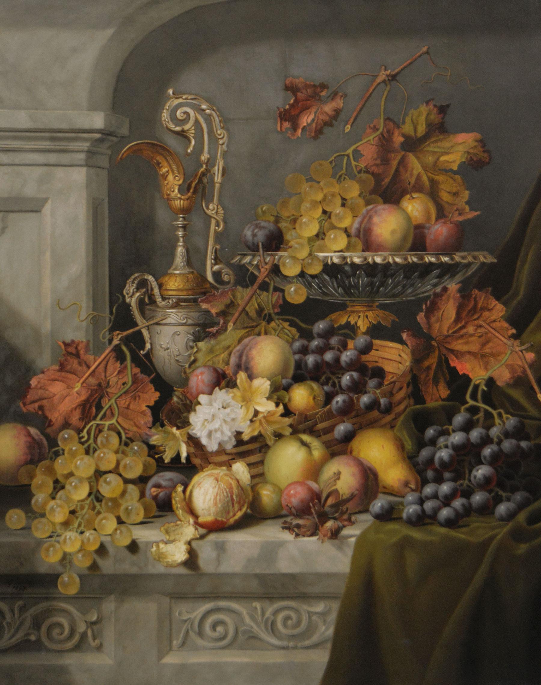 19. Jahrhundert Stillleben Ölgemälde von Herbst Obst & Blätter – Painting von Henry George Todd