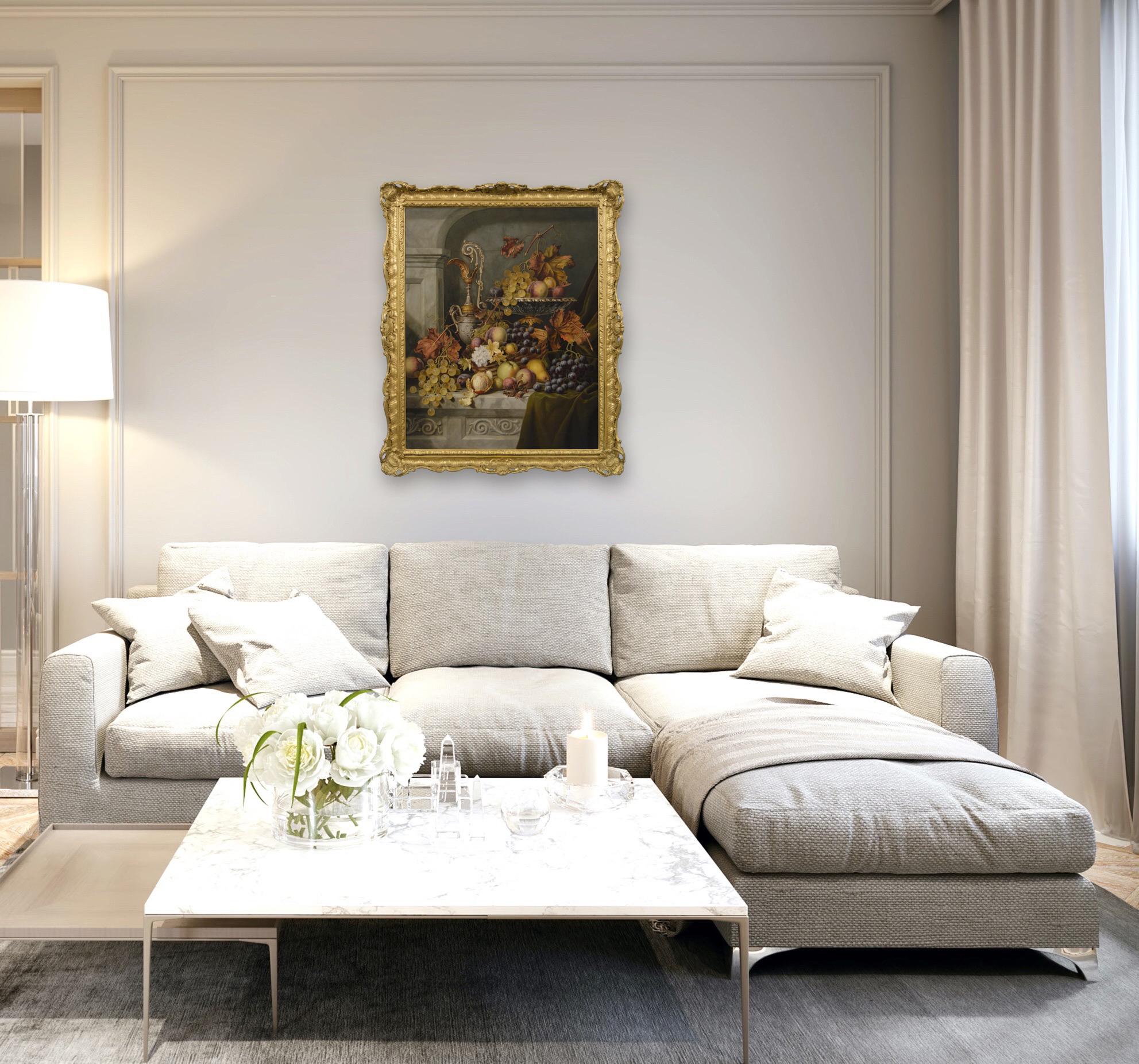 19. Jahrhundert Stillleben Ölgemälde von Herbst Obst & Blätter im Angebot 2