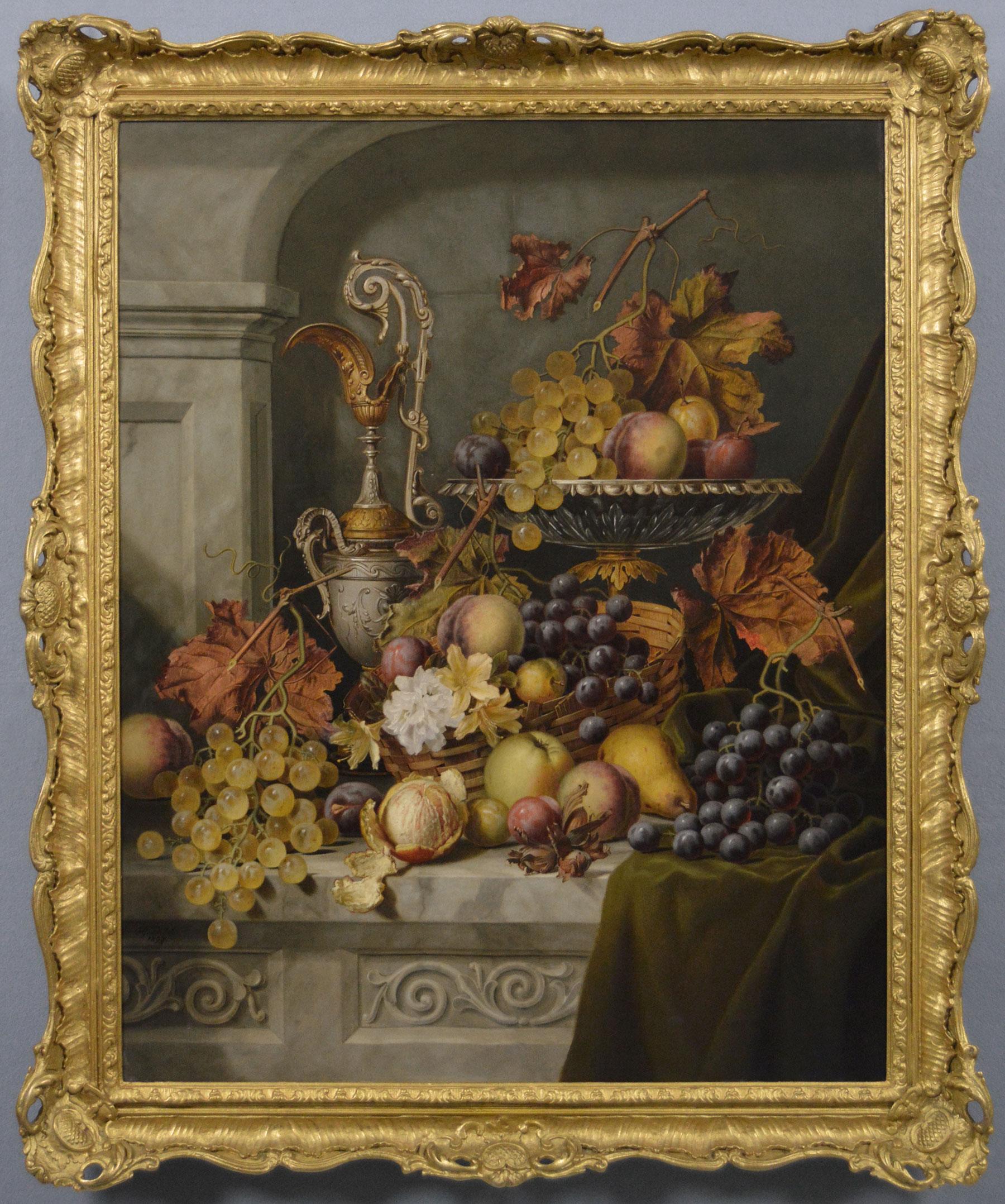 Henry George Todd Still-Life Painting – 19. Jahrhundert Stillleben Ölgemälde von Herbst Obst & Blätter