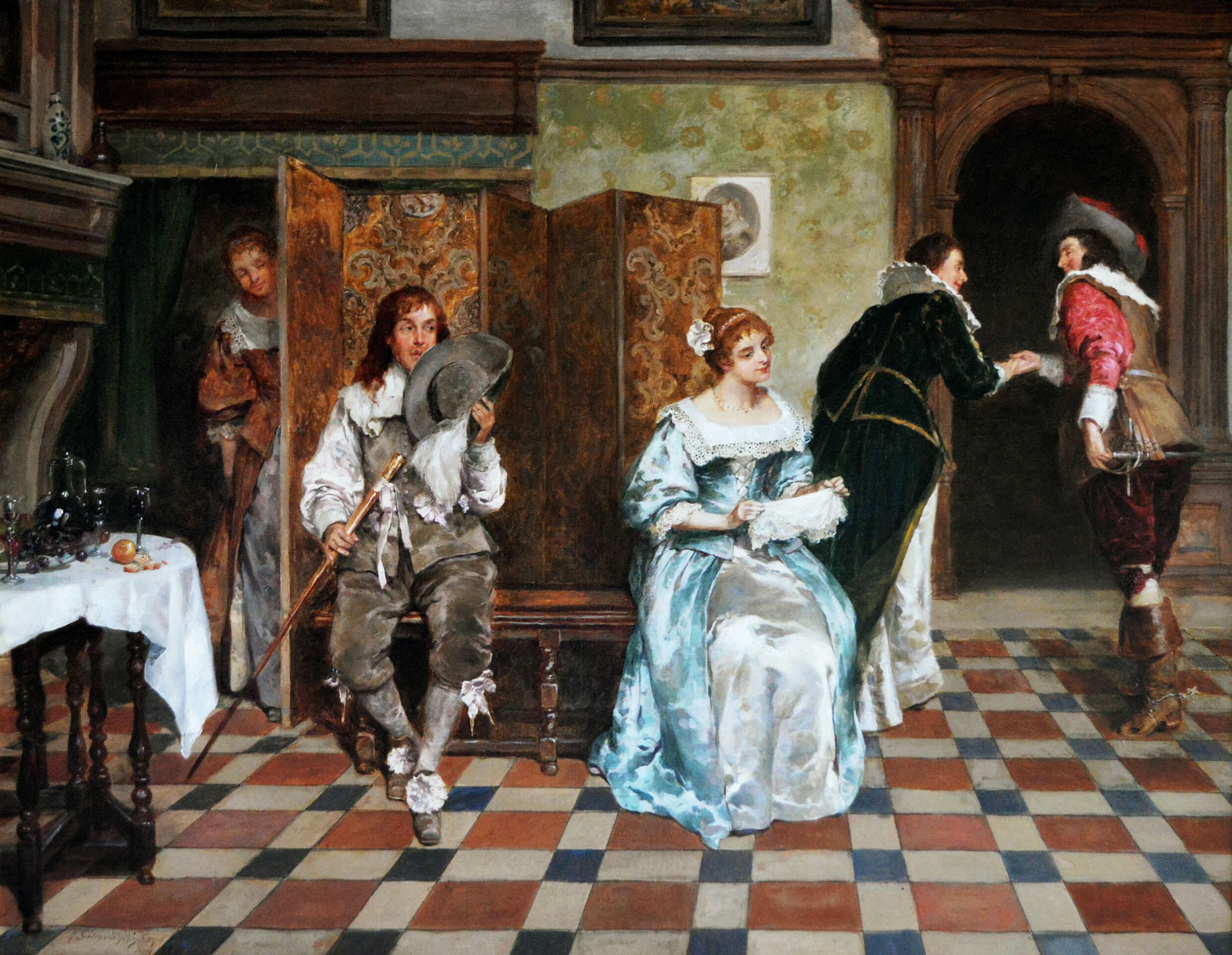 Historisches Genre-Ölgemälde einer Brautwerbung aus dem 19. – Painting von Henry Gillard Glindoni
